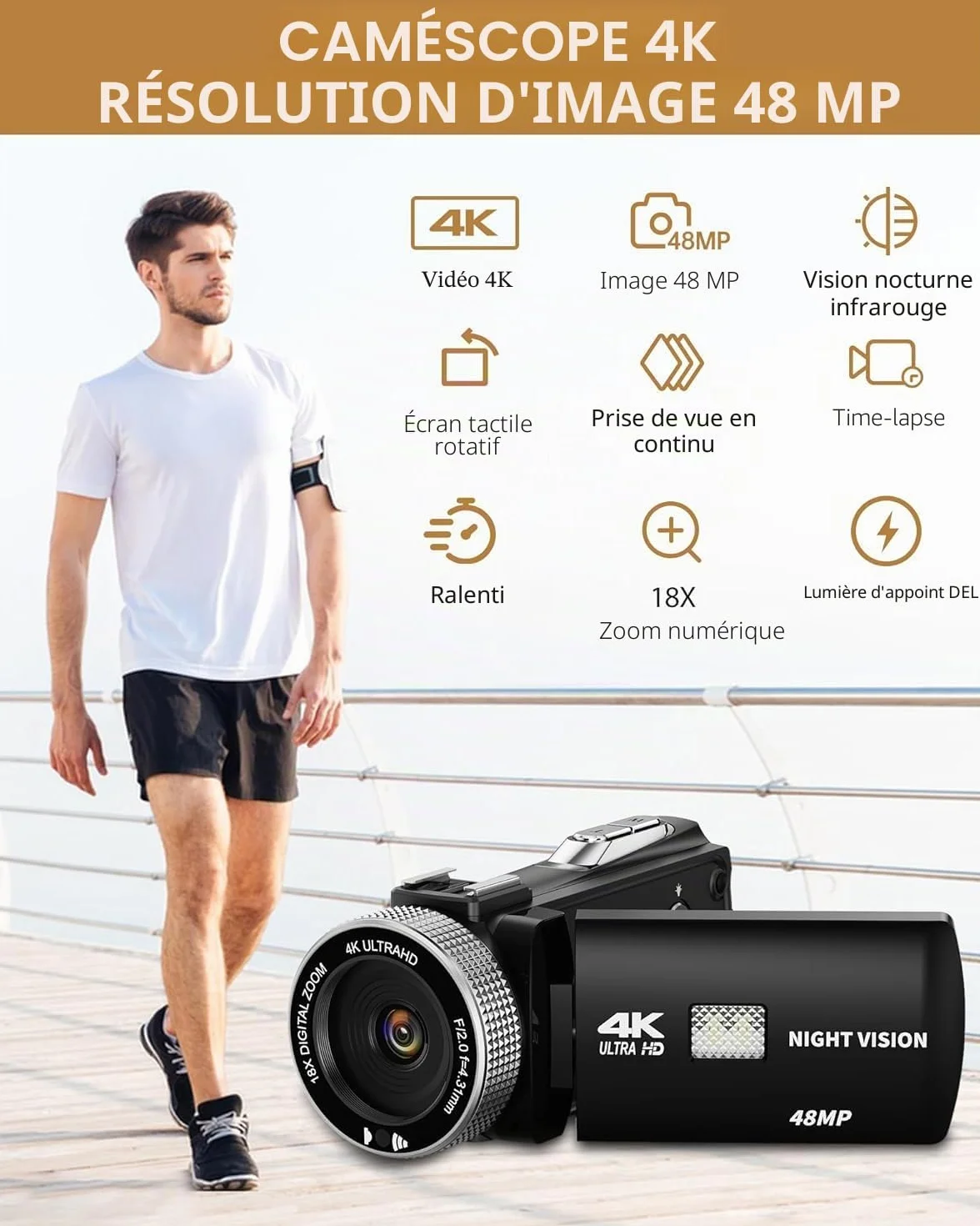 Caméscope 4K 48MP Vision Nocturne IR Zoom Numérique 18X Écran Tactile 3,0 Pouces Rotation 270° Caméra Vlogging avec Télécommande Mic Carte 32 Go 2 Piles