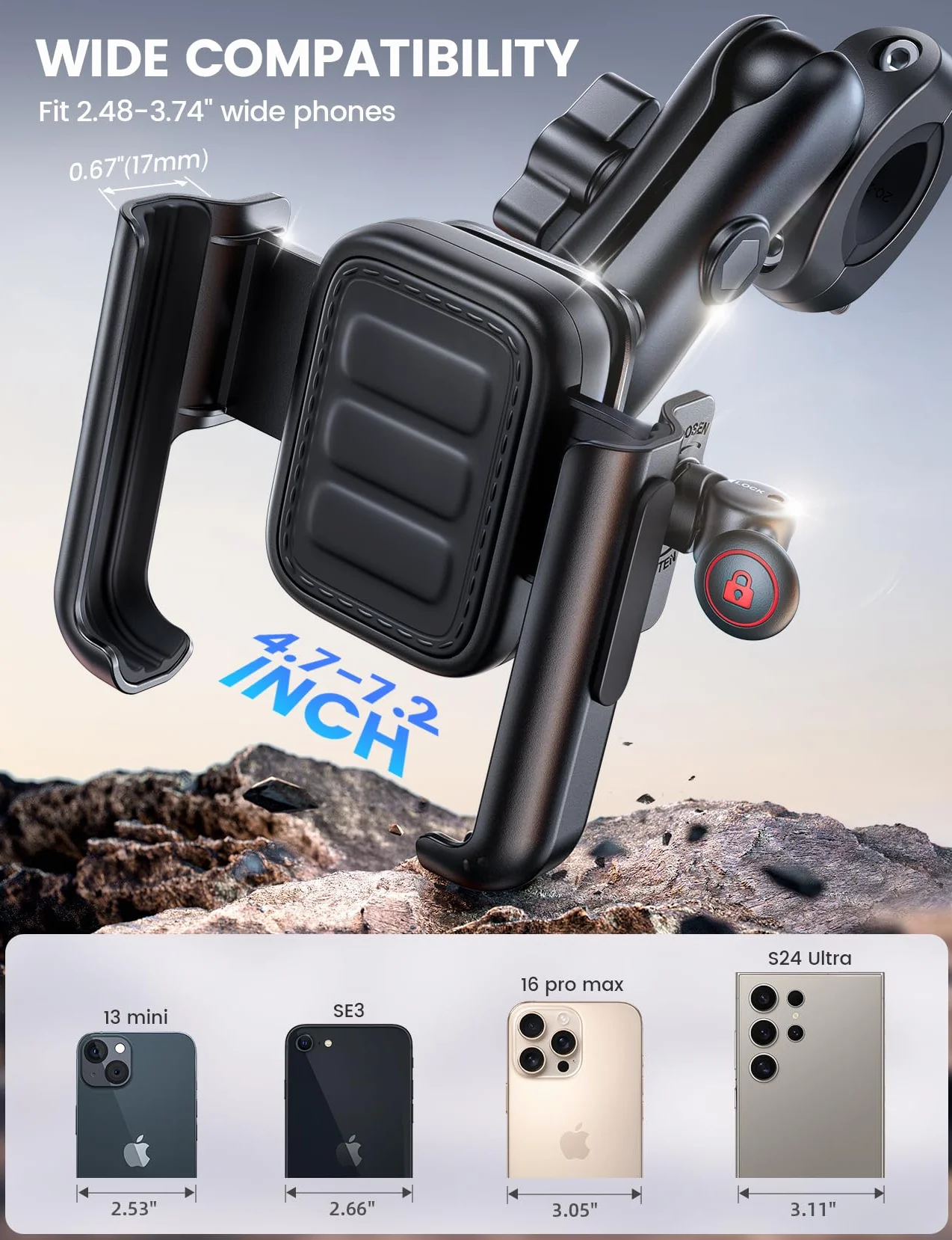 Lamicall Support Téléphone Moto - [Tout Métal] [Anti-Vibration] [Bras Rétractable] Antivol, 2 x 360° Rotation, Porte Téléphone Vélo, pour iPhone 17 16 15 14 13 et Autre Smartphone de 4,7-7,2" - Noir
