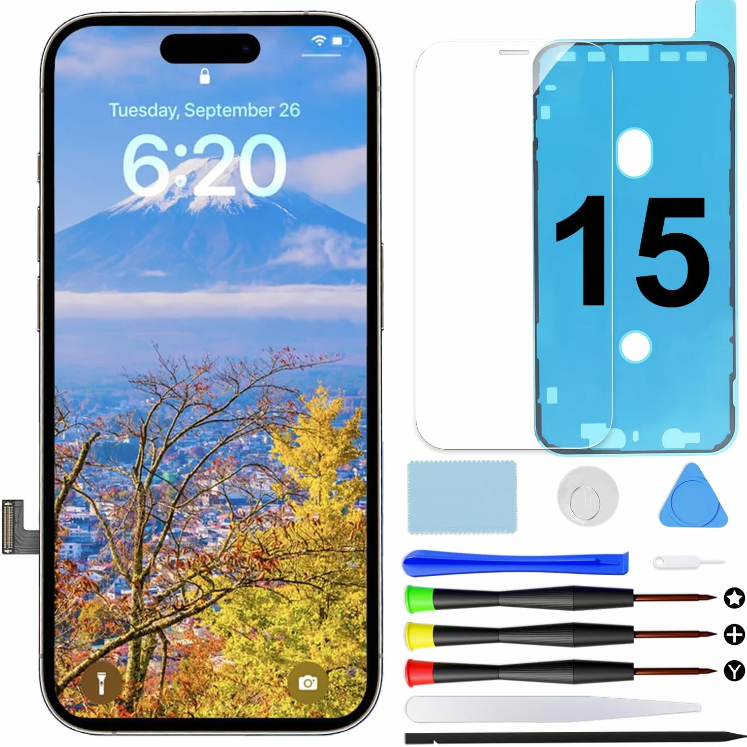 Écran pour iPhone 15 de Remplacement, 6,1 Pouces LCD Full HD Écran Tactile Digitizer avec Kit de Réparation et Protecteur d’Écran