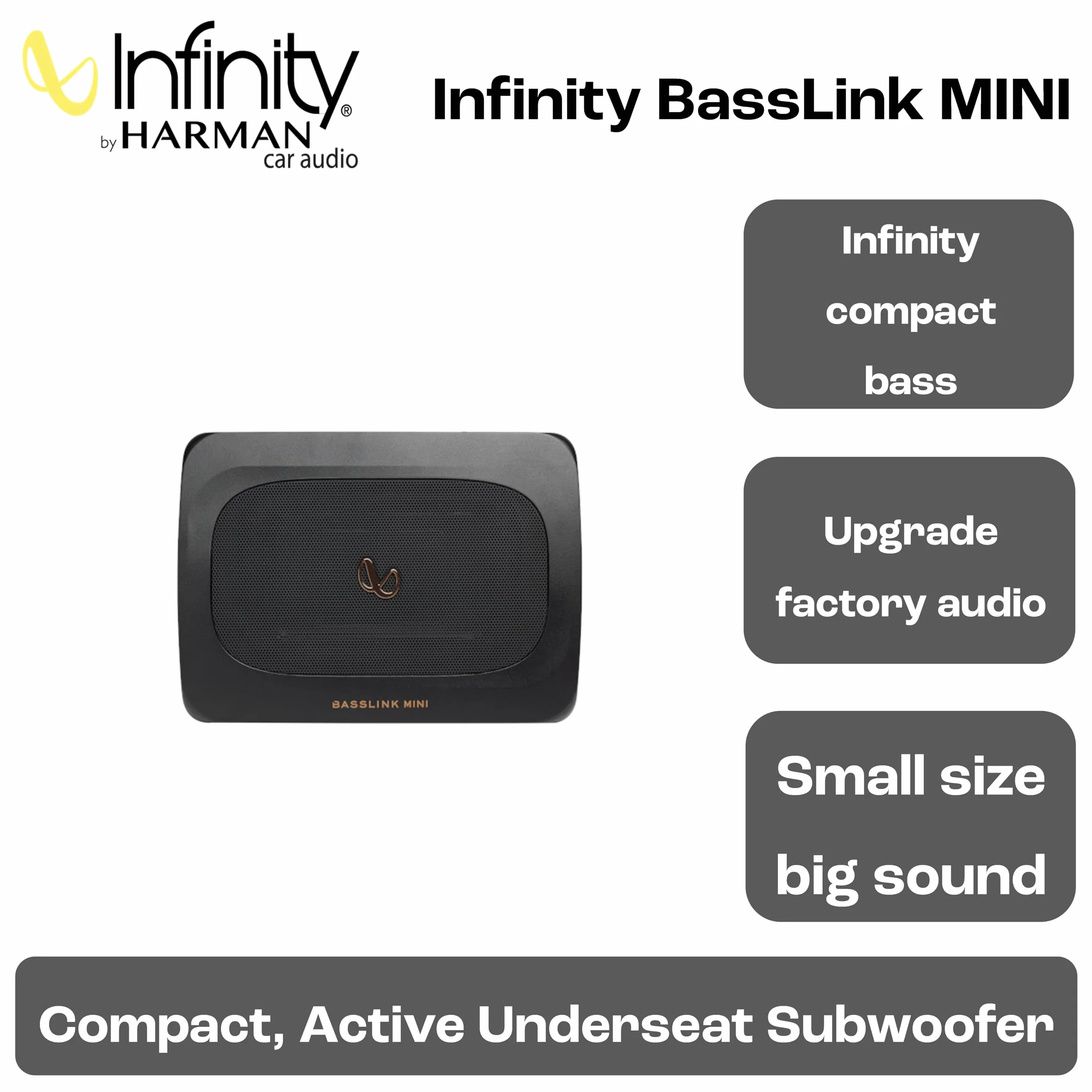 Infinity BassLink Mini Caisson de Basses Actif Compact 100W RMS et 200W Max avec Haut-Parleur 6x8, boîtier en Aluminium, Filtre Passe-Bas réglable, Bass Boost et Commande de Volume à Distance