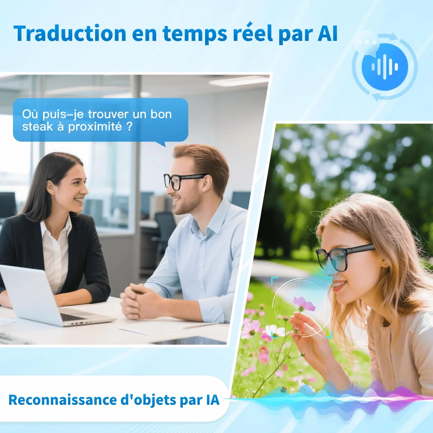 Lunettes intelligentes AI 32 Go avec caméra HD 4K, Lunettes avec caméra Anti-tremblement 8 MP, Prise en Charge de l'enregistrement vidéo, Traduction en Temps réel, Verres photochromiques