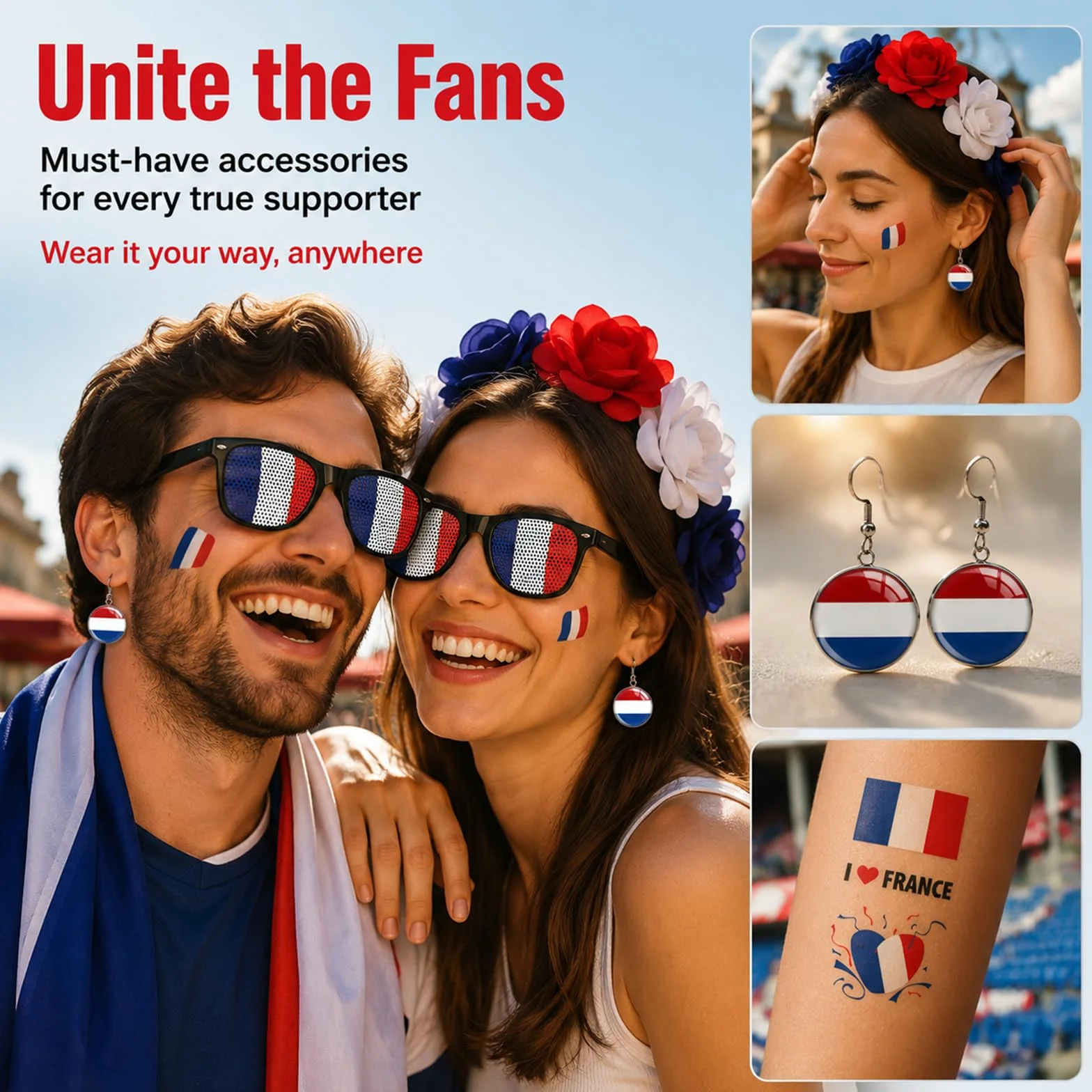 Set d'articles pour supporters français femmes Bleu-Blanc-Rouge - Serre-tête, boucles d'oreilles, lunettes de soleil & tatouages