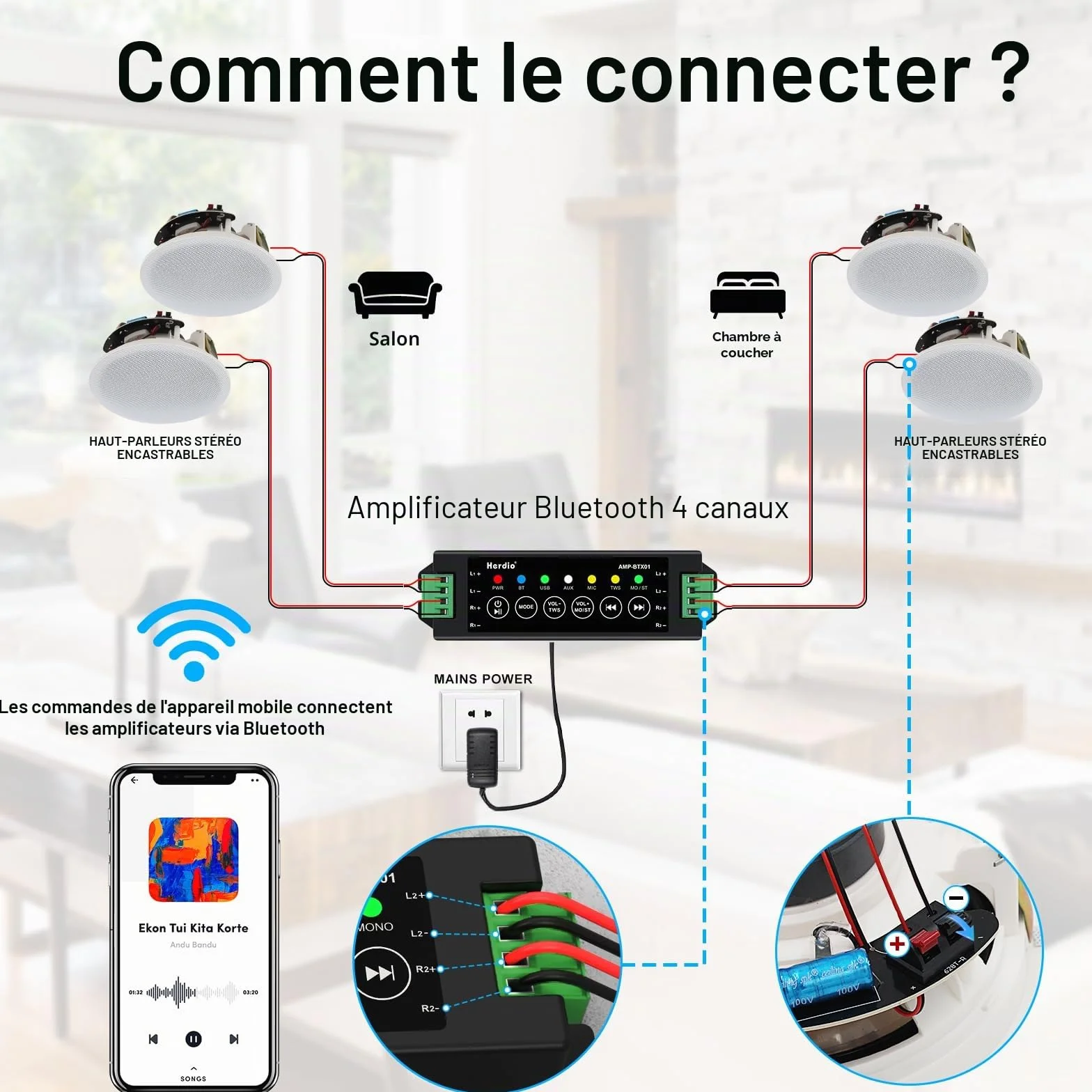 Herdio Enceintes Plafond Bluetooth 600 Watts 6,5 Pouces 4 Haut-parleurs