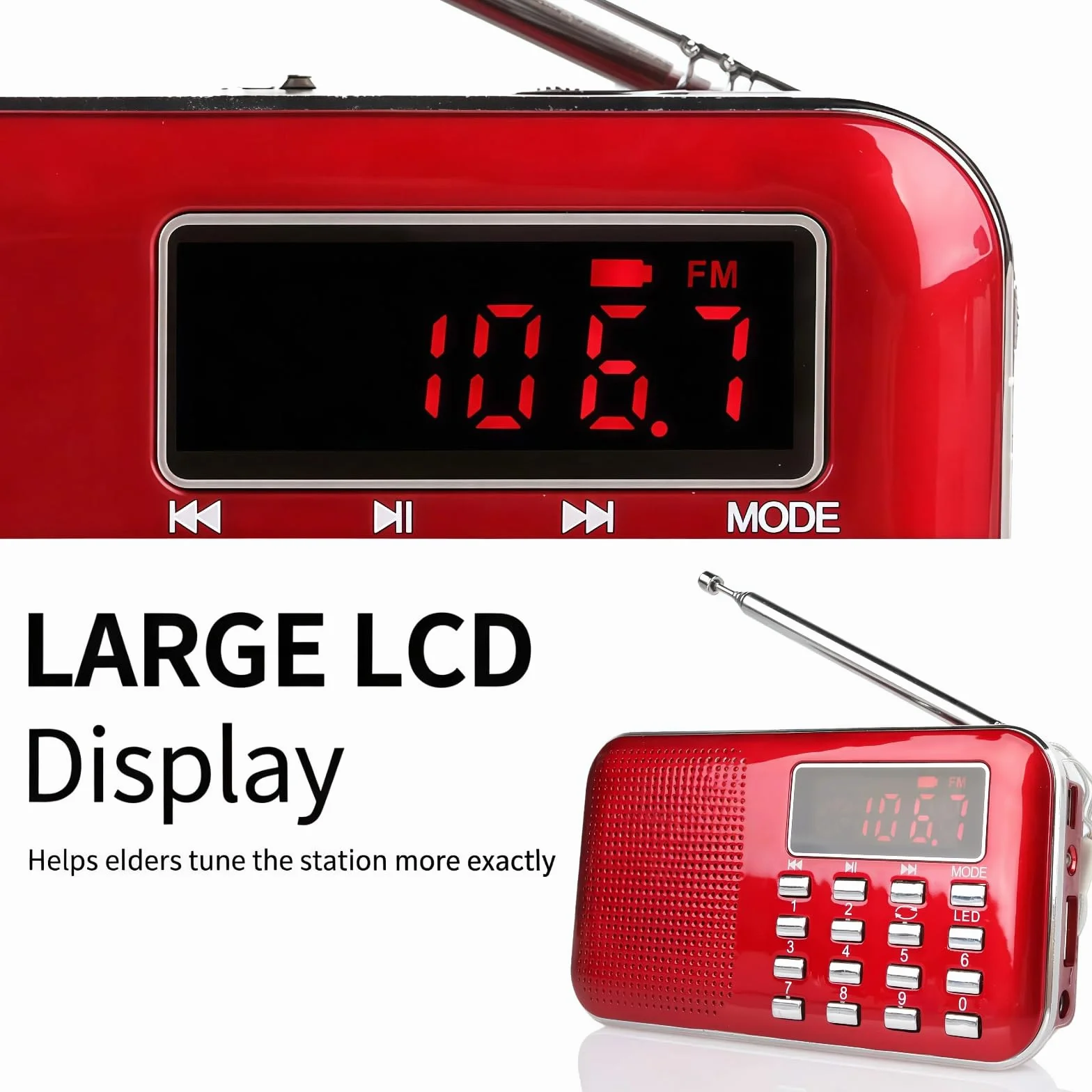 Raddy RF23 Radio Portable FM/AM Rechargeable avec Lampe de Poche, Grand Écran LCD, Lecteur MP3 Micro SD/USB, Batterie 800mAh, Rouge