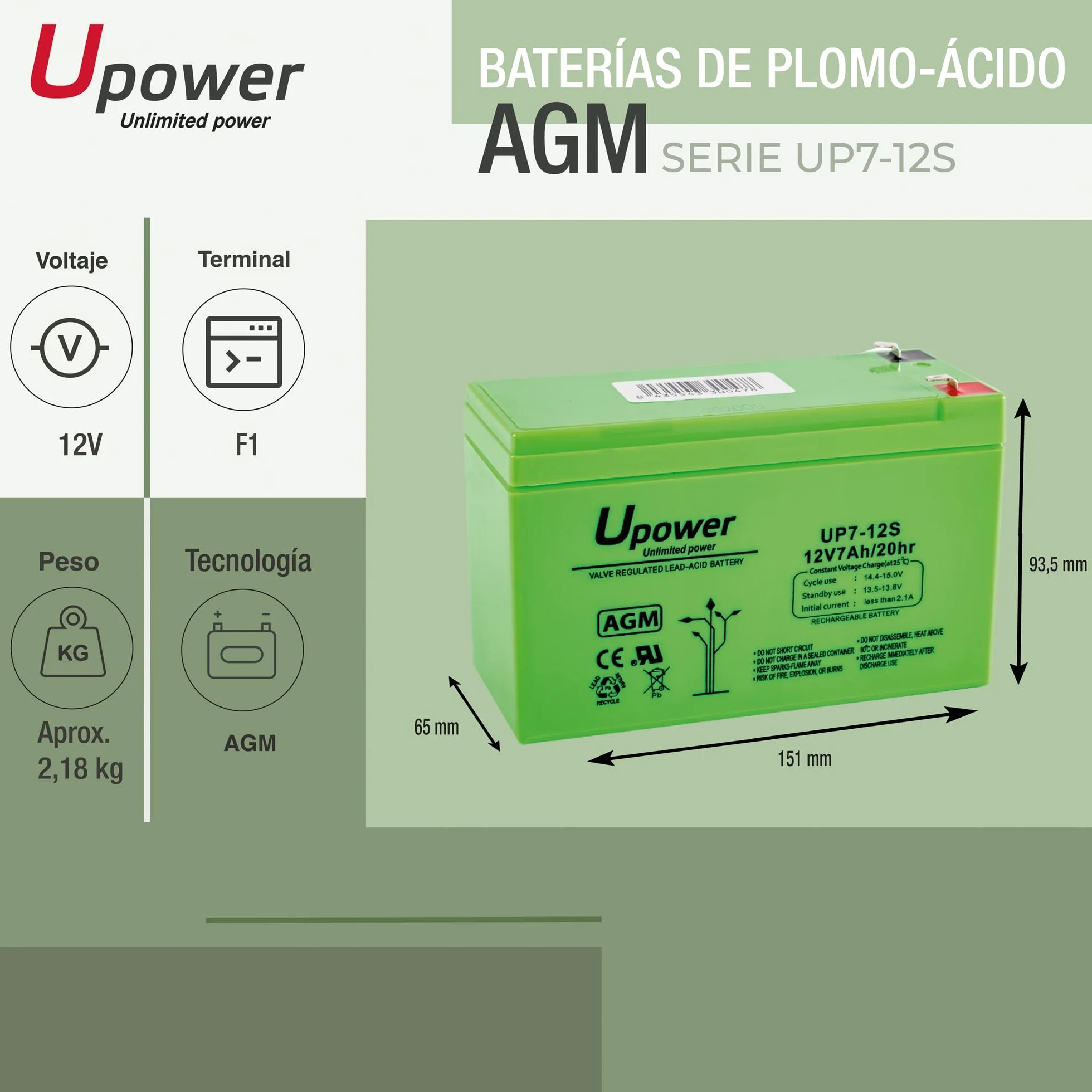 Batería U-Power Plomb AGM 12V 7Ah F1 4,8mm