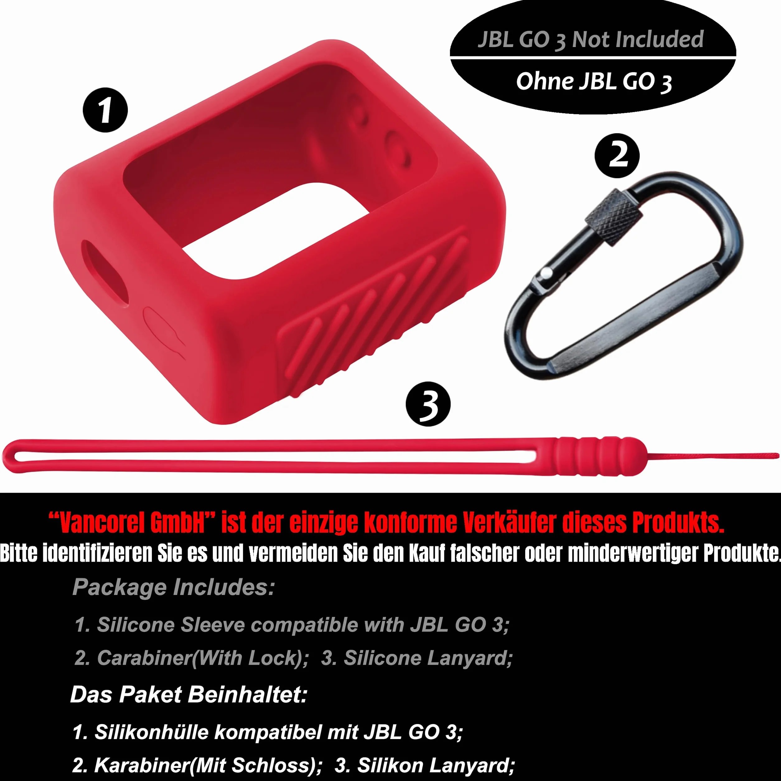 Étui en silicone pour JBL GO 3 avec tour de cou et mousqueton, Rouge