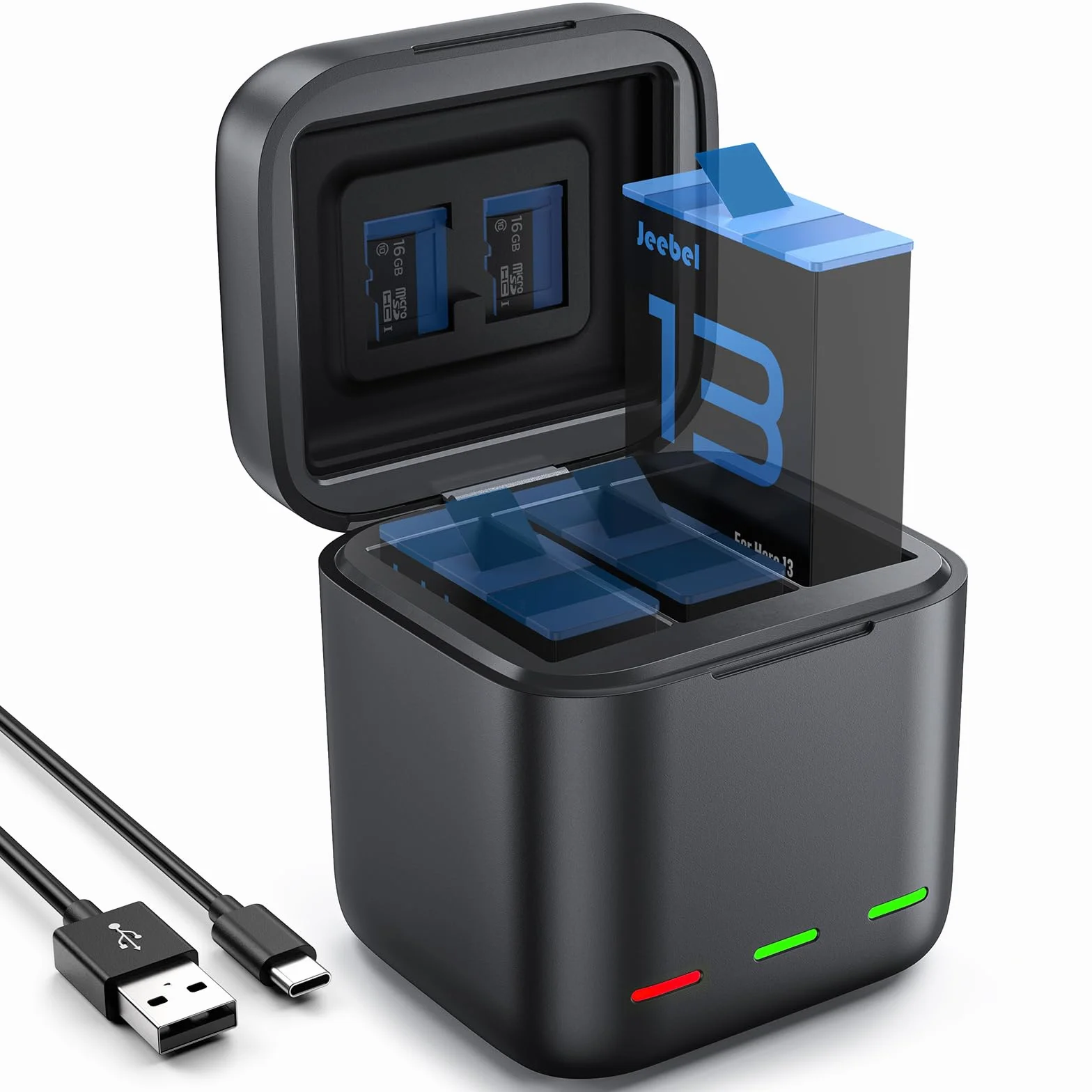 Jeebel Chargeur de batterie pour GoPro Hero 13 Black - Chargeur 3 canaux rapide 2,4 A USB-C - Compatible GoPro Hero 13 Black