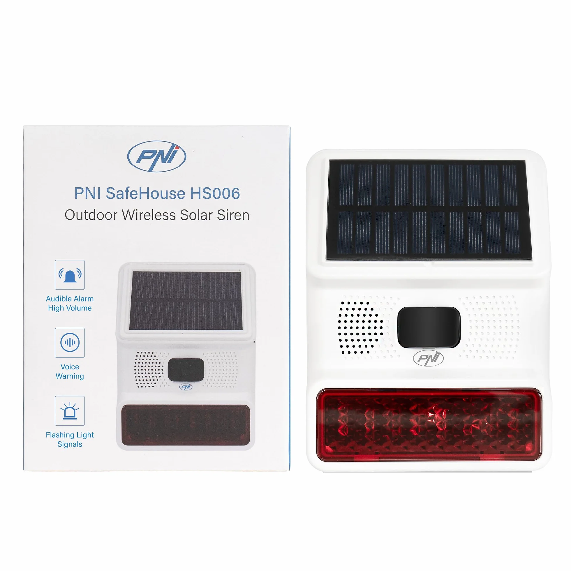 PNI SafeHouse HS006 Sirène extérieure sans Fil avec Chargement ou Via Port USB-C, Batterie 1000 mAh, 100 DB