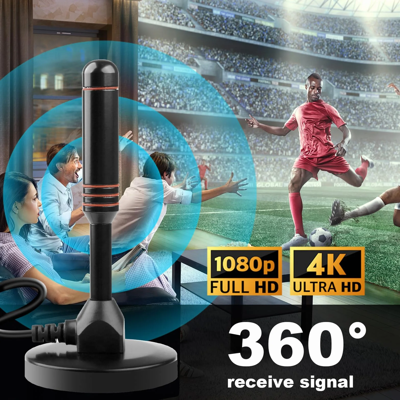 Antenne TV Intérieure Puissante TNT HD, Antenne TV Intérieur avec Amplificateur de Signal à Gain Élevé Base Magnétique Puissante Réception Longue Portée à 360° pour Signal Chaînes Locales