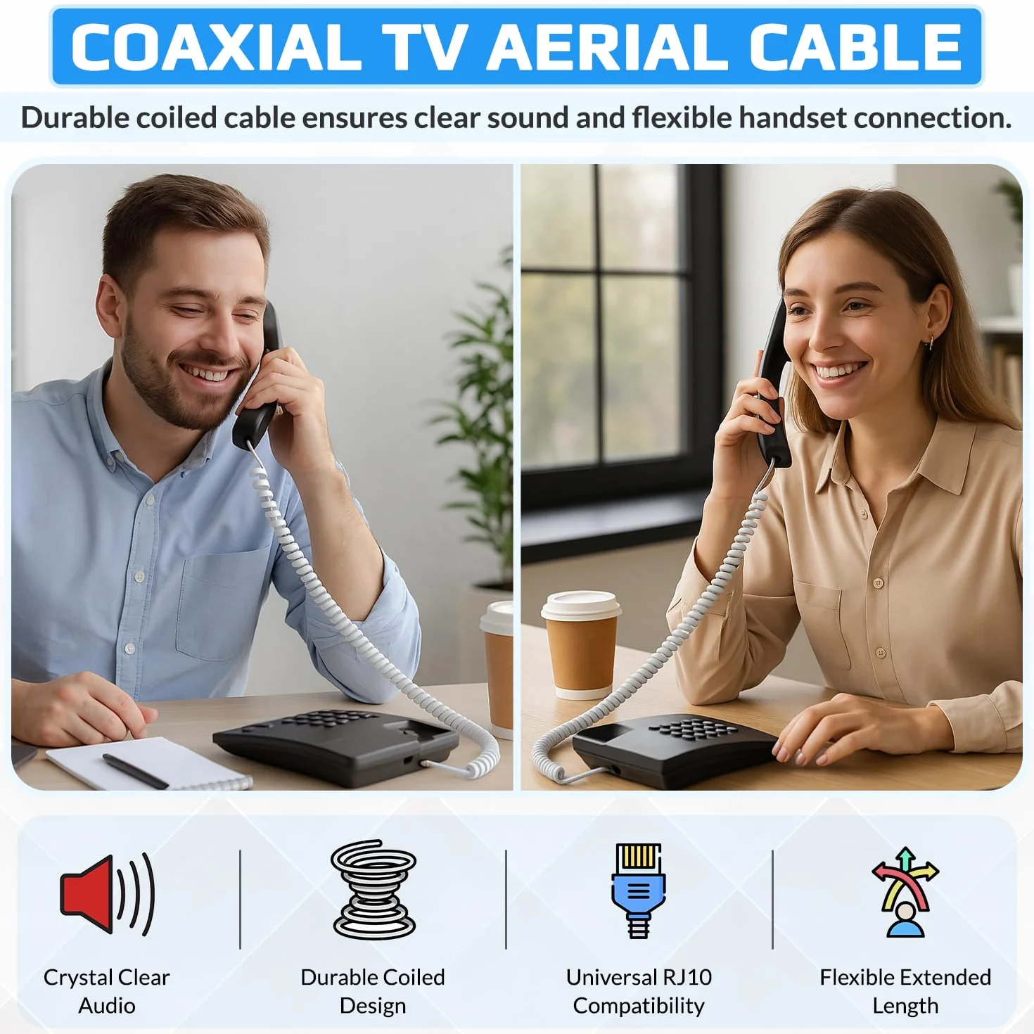 Keple Câble téléphonique RJ10 incurvé à ressort en spirale pour combiné téléphonique 2 mètres Compatible avec les téléphones fixes AT&T, Cisco, NEC, ROLM, ITT, TI (Noir)