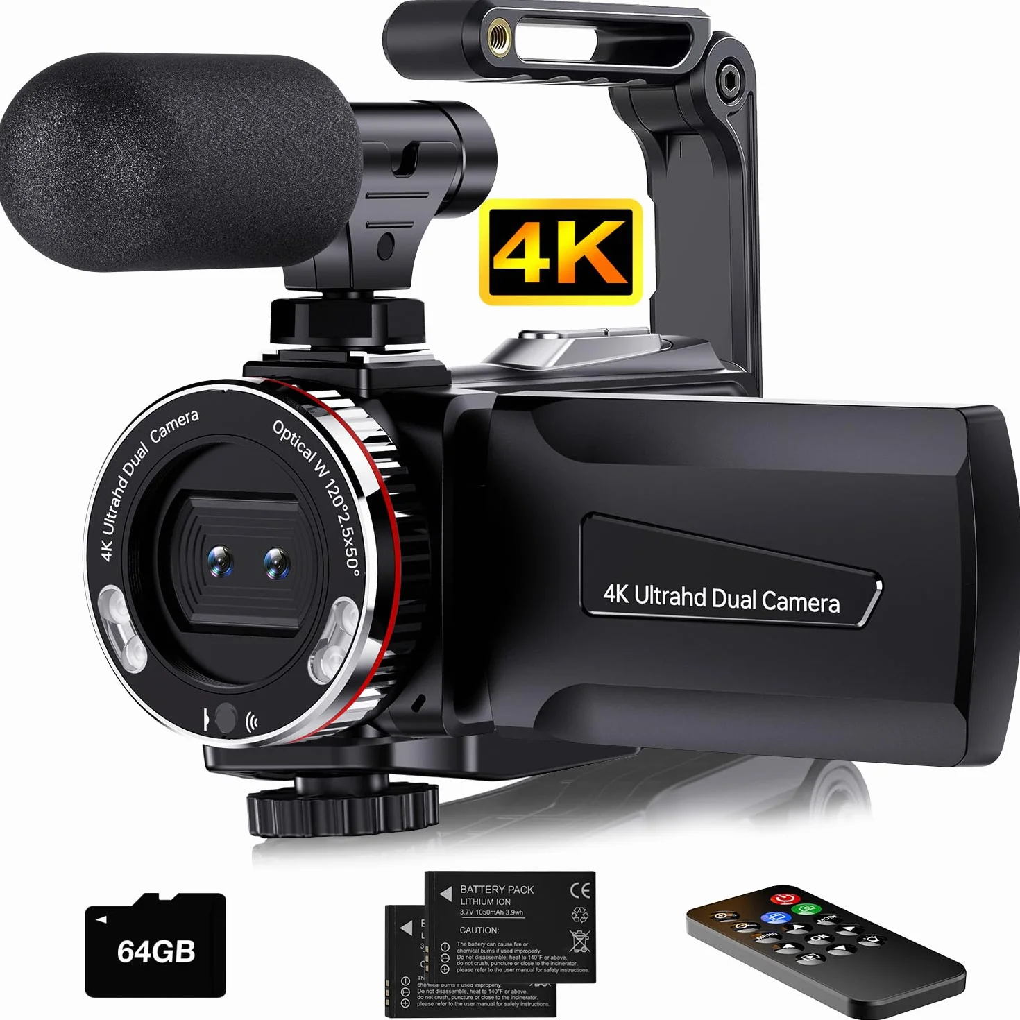 Caméra Vidéo 4K 64MP Caméscope Vlogging avec Écran Rotatif 270°, Carte 64 Go, Microphone, Stabilisateur, Télécommande, 2 Piles