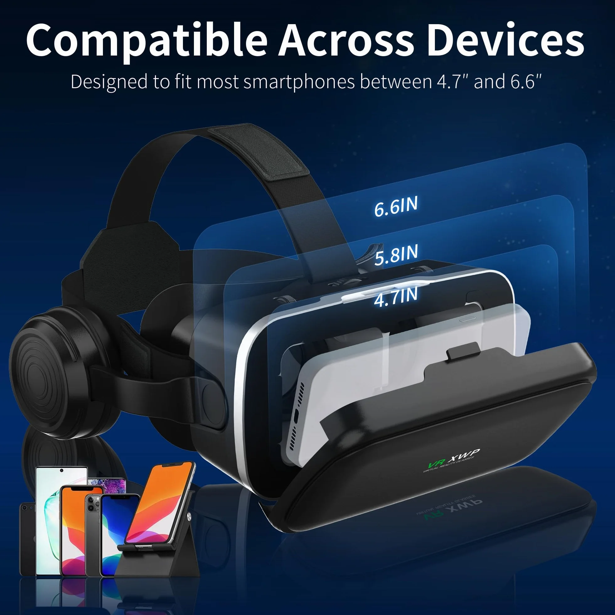 Casque VR 3D avec Écouteurs, Lunette de Réalité Virtuelle pour Téléphone Portable, Lentilles HD, iPhone & Android 4,7–6,8"