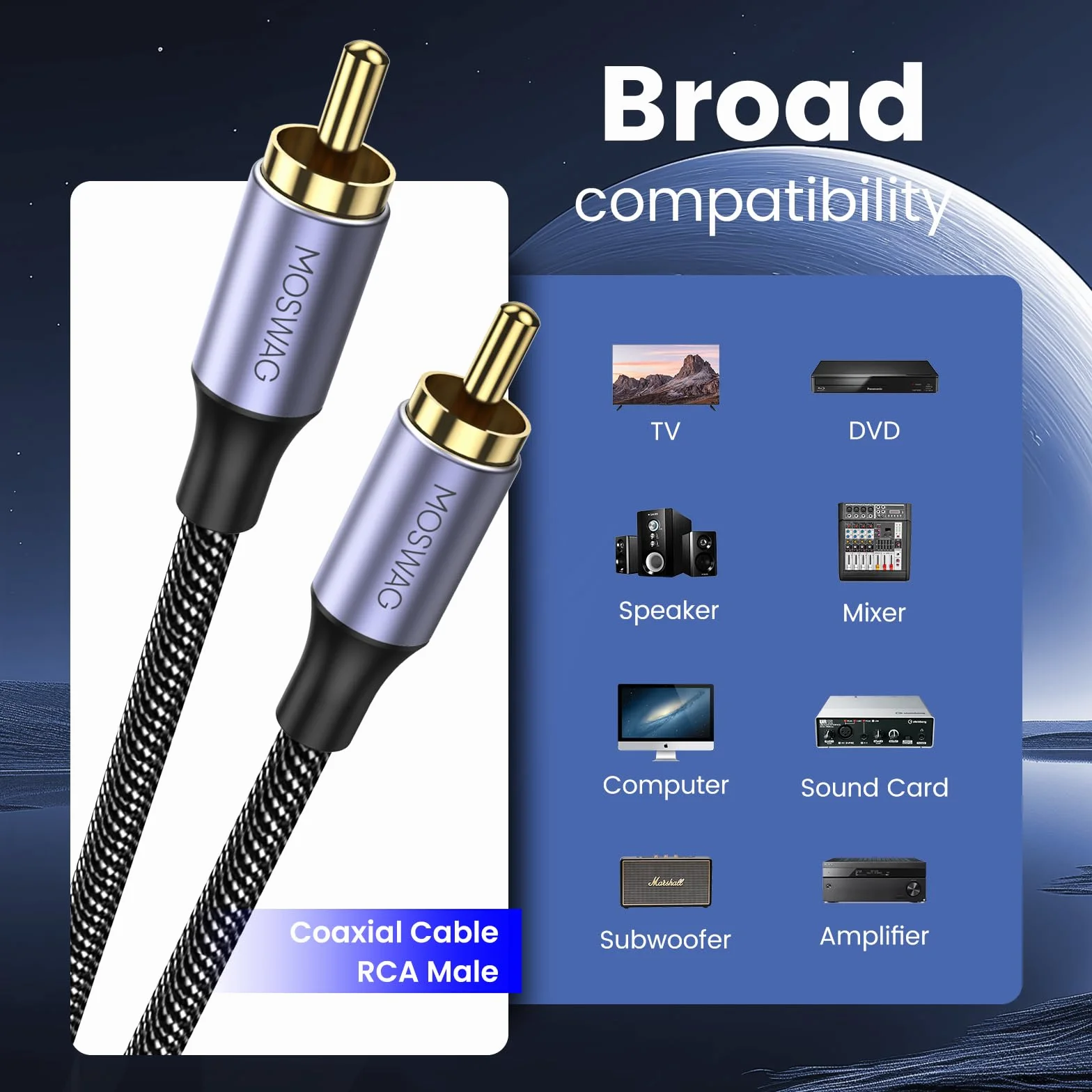 MOSWAG Câble Coaxial RCA Audio (2M), Câble de Subwoofer - Cinch RCA, Cable Coaxial Numérique 24K Plaqué Nylon pour Home Cinéma, Système Audio, PS3, Wii, Haut-parleurs