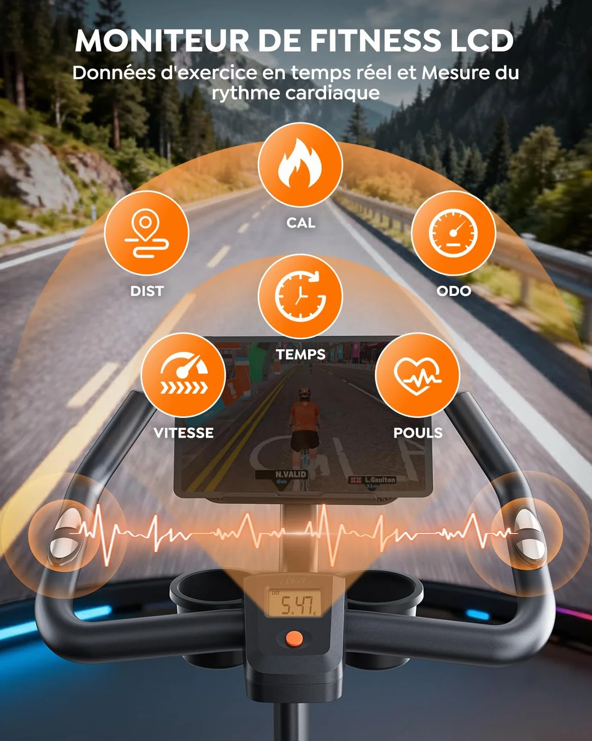 Vélo d'Appartement Connecté APP Ultra-Silencieux, Résistance Magnétique, Volant d'Inertie 15 KG, Capacité 160KG, Écran LCD Fréquence Cardiaque