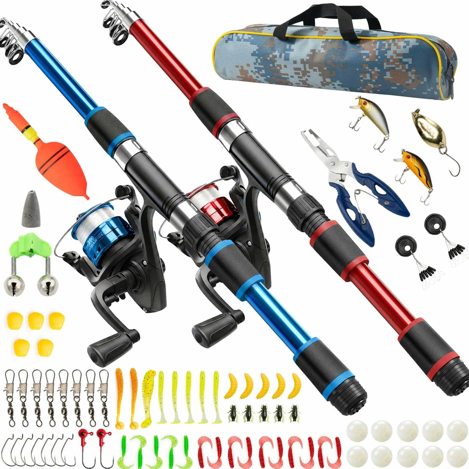 Cannes à Pêche Enfants Télescopiques 1,8m Kit Complet Débutants avec Moulinet 5,2:1 Leurres Sac de Transport Mer Lac