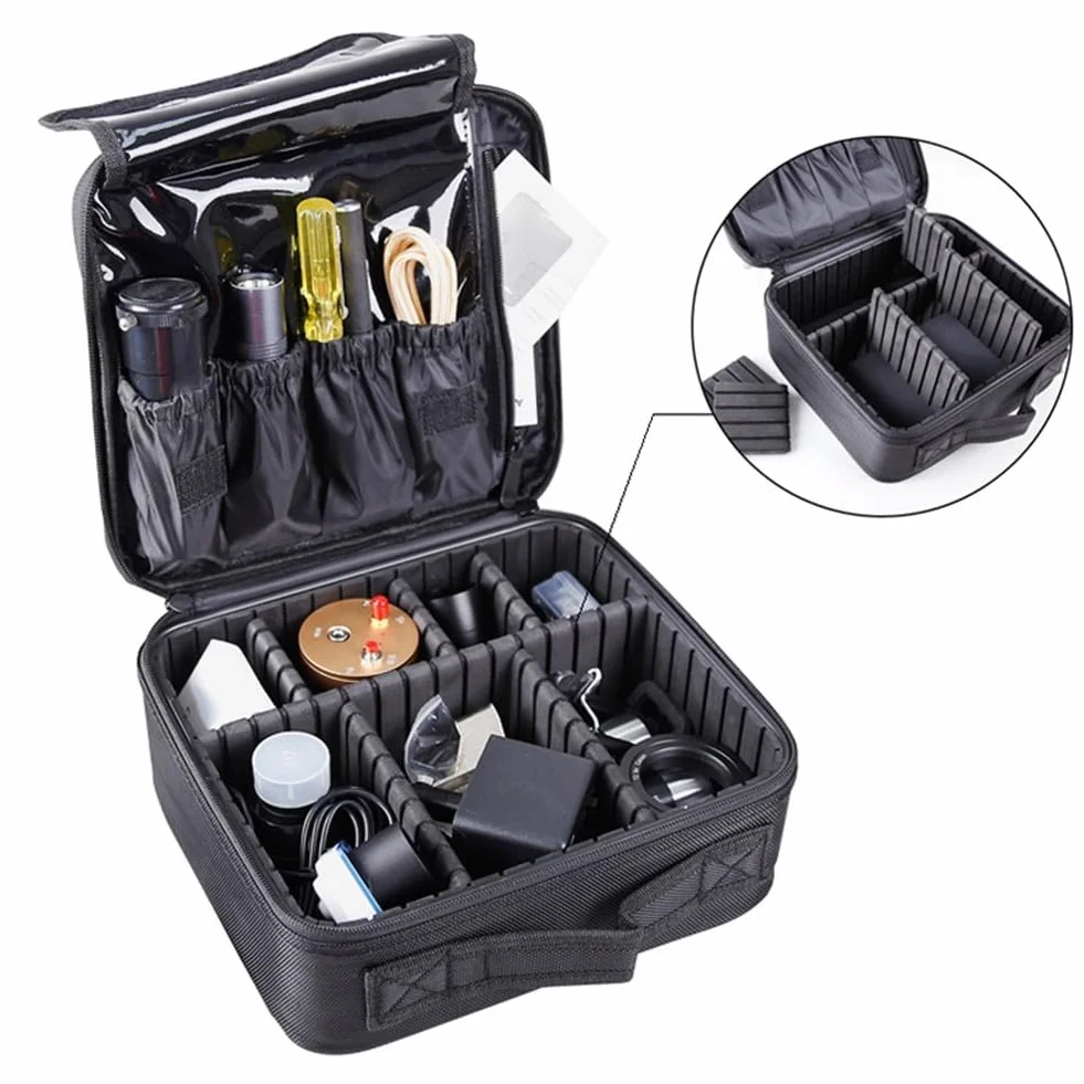 Zoegneer Sac de rangement pour accessoires de télescope astronomique avec séparateurs amovibles en tissu Oxford pour camping, randonnée, astronomie, photographie, oculaire, noir, S ou L (taille L)
