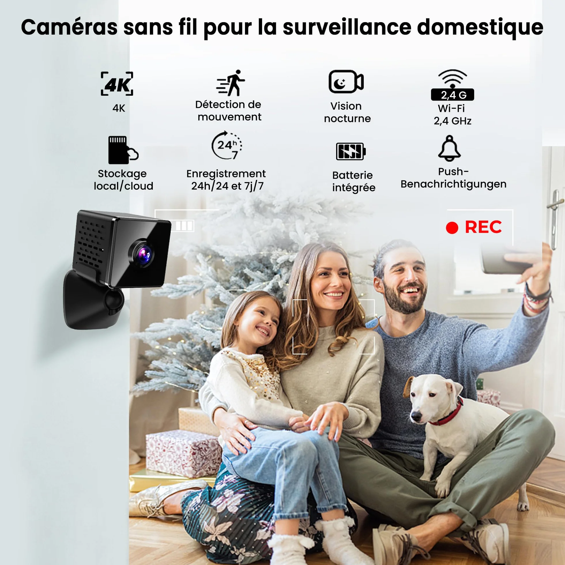 Caméra Espion Mini 4K Vision Nocturne WiFi - Caméra de Sécurité Intérieure Détection de Mouvement - Stockage Cloud Carte SD Batterie Intégrée