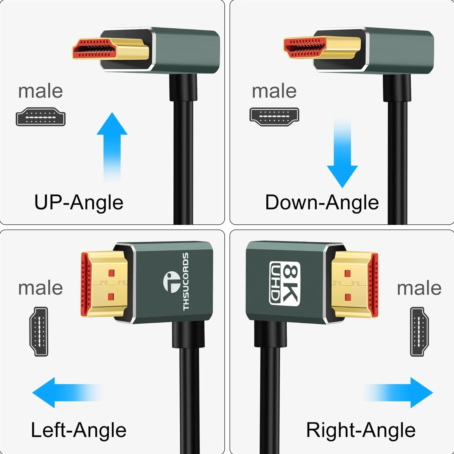 Thsucords Câble HDMI 2.1 Ultra Fin 8K à Angle Gauche de 90 Degrés 1M, Cordon Flexible Haute Vitesse Compatible 4K @120 Hz 8K @60 Hz Compatible avec Roku TV/HDTV/PS5/Blu-ray
