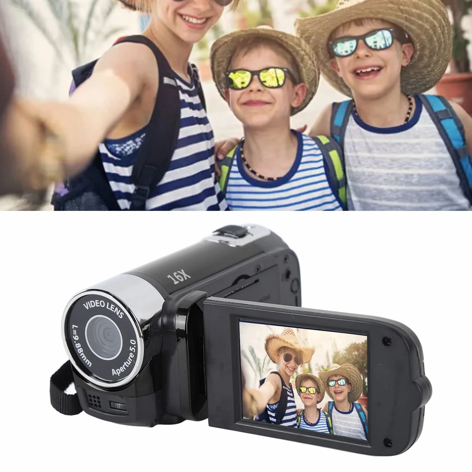 Caméra Vidéo Caméscope, 1080P 16MP DV Caméra Portable, Écran Rotatif TFT 2.7in Zoom Numérique 16x Caméra Vidéo avec Câble USB pour Famille, Voyage (Noir)