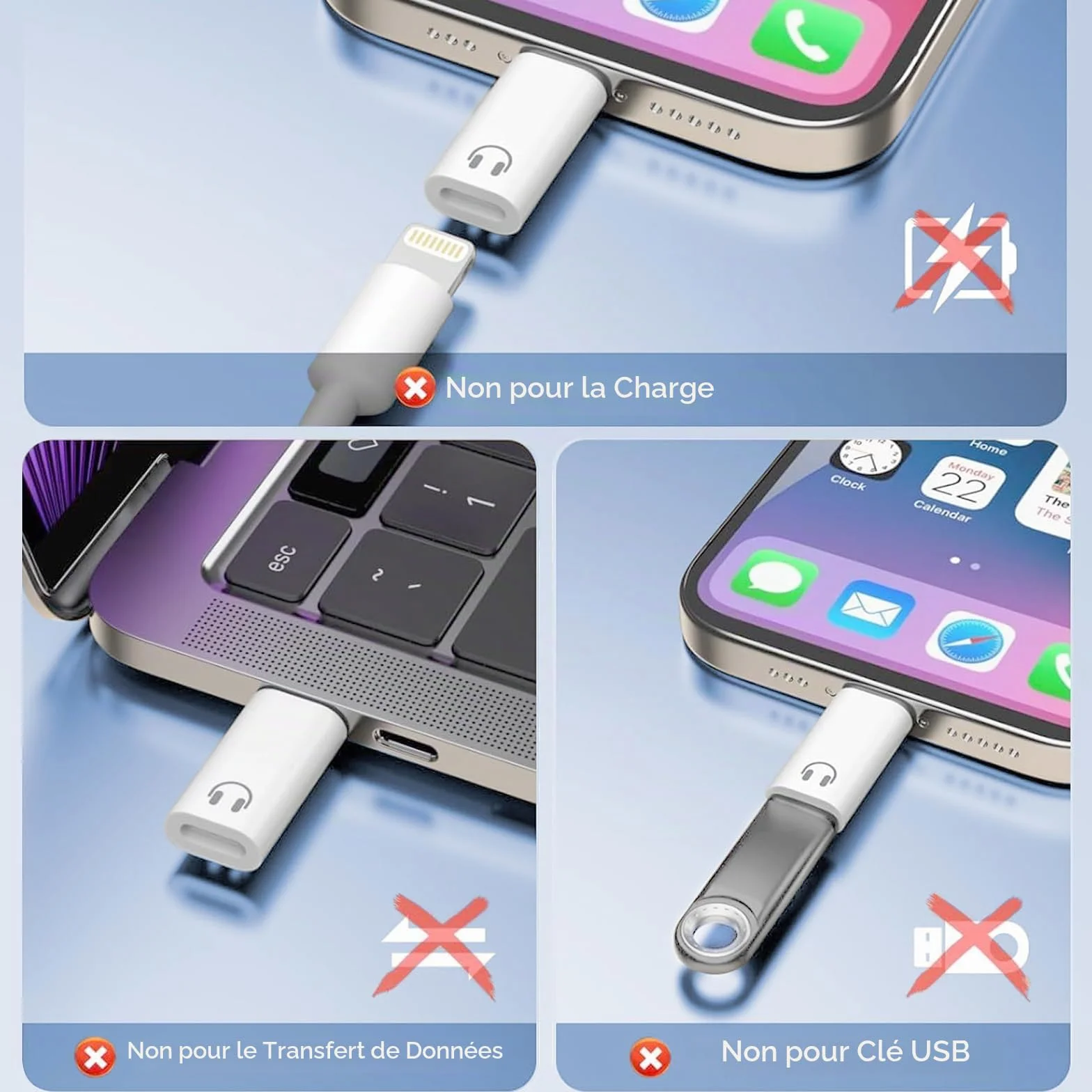 Adaptateur USB C vers Lightning Audio, USB C mâle vers Lightning, Compatible iPhone 16/15, Blanc