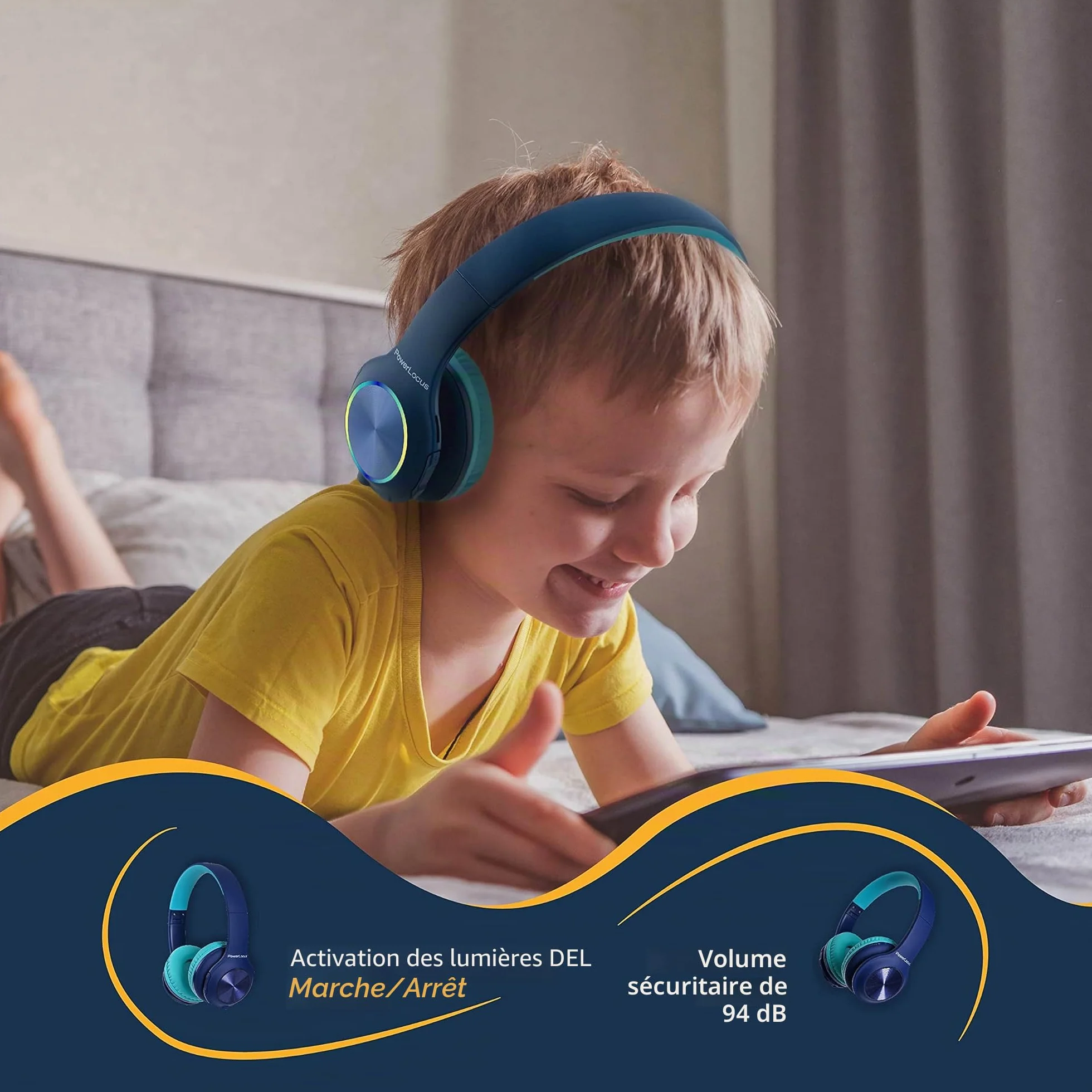 PowerLocus Casque Bluetooth Pliable sans Fil pour Enfant avec Lumières LED, HD Stéréo, USB-C Recharge Rapide, Micro intégré, SD Mode et Filaire pour iPhone/Tablettes/TV