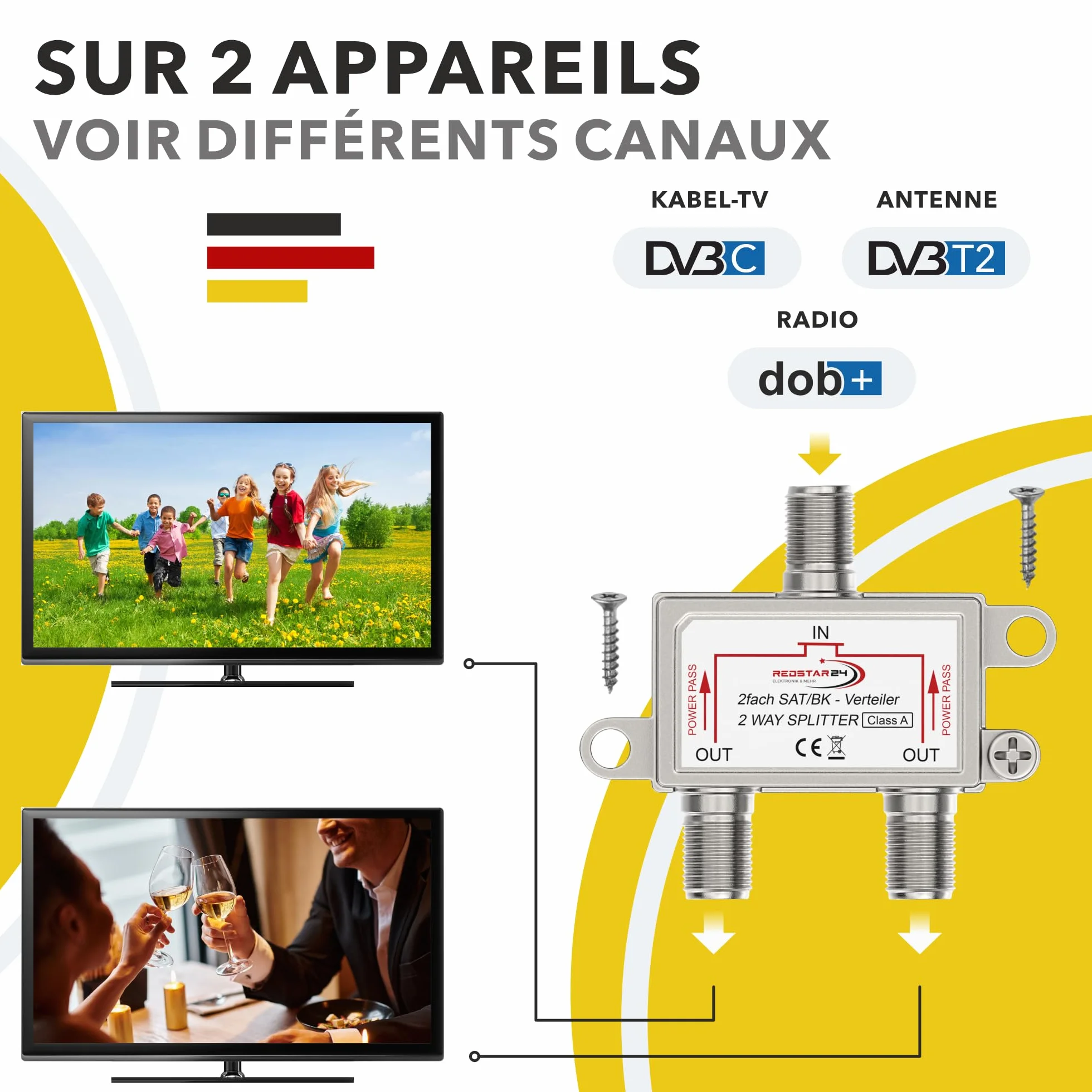 Redstar Répartiteur TV SAT 2 voies - Distributeur antenne satellite HDTV UHD 4K DVB-S/S2 DVB-T/T2 DVB-C/C2 boîtier blindé