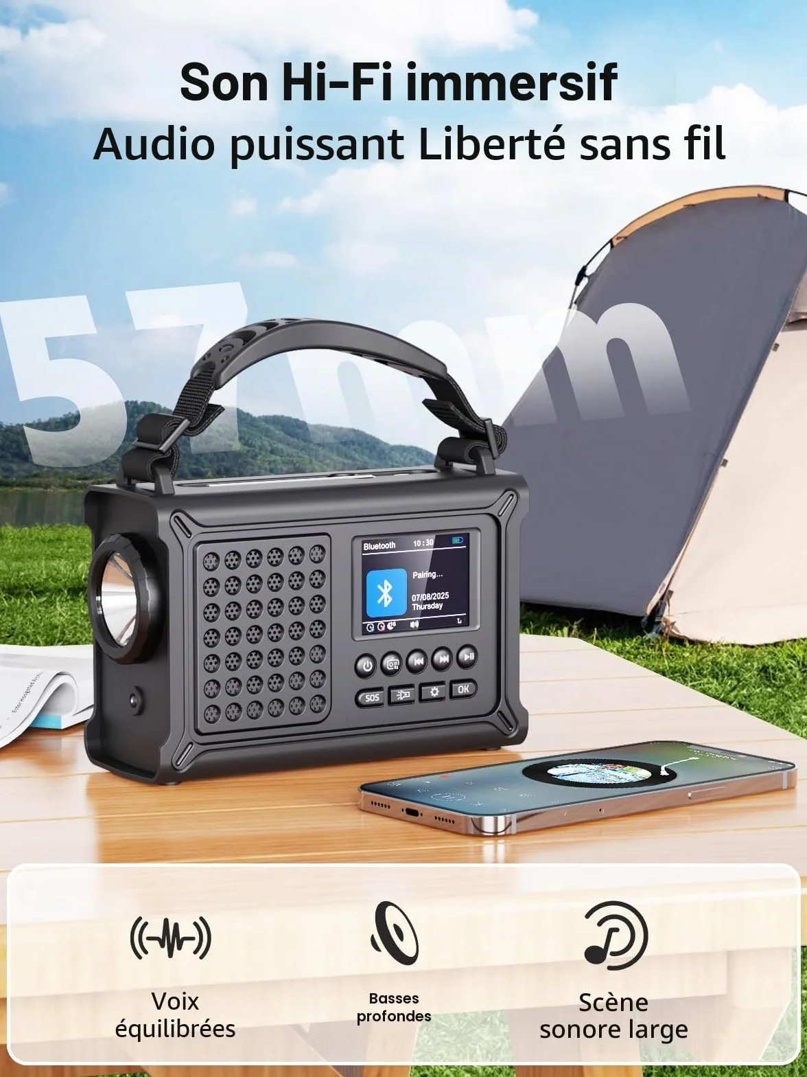 ROCAM Radio d'urgence Dab+/FM avec Bluetooth, Radio Numérique Portable 12000mAh avec Panneau Solaire 8500mm² & Manivelle 650mA, Écran Couleur 2,4", 80 Stations, SOS, Lampe LED, USB, IPX6 pour Camping