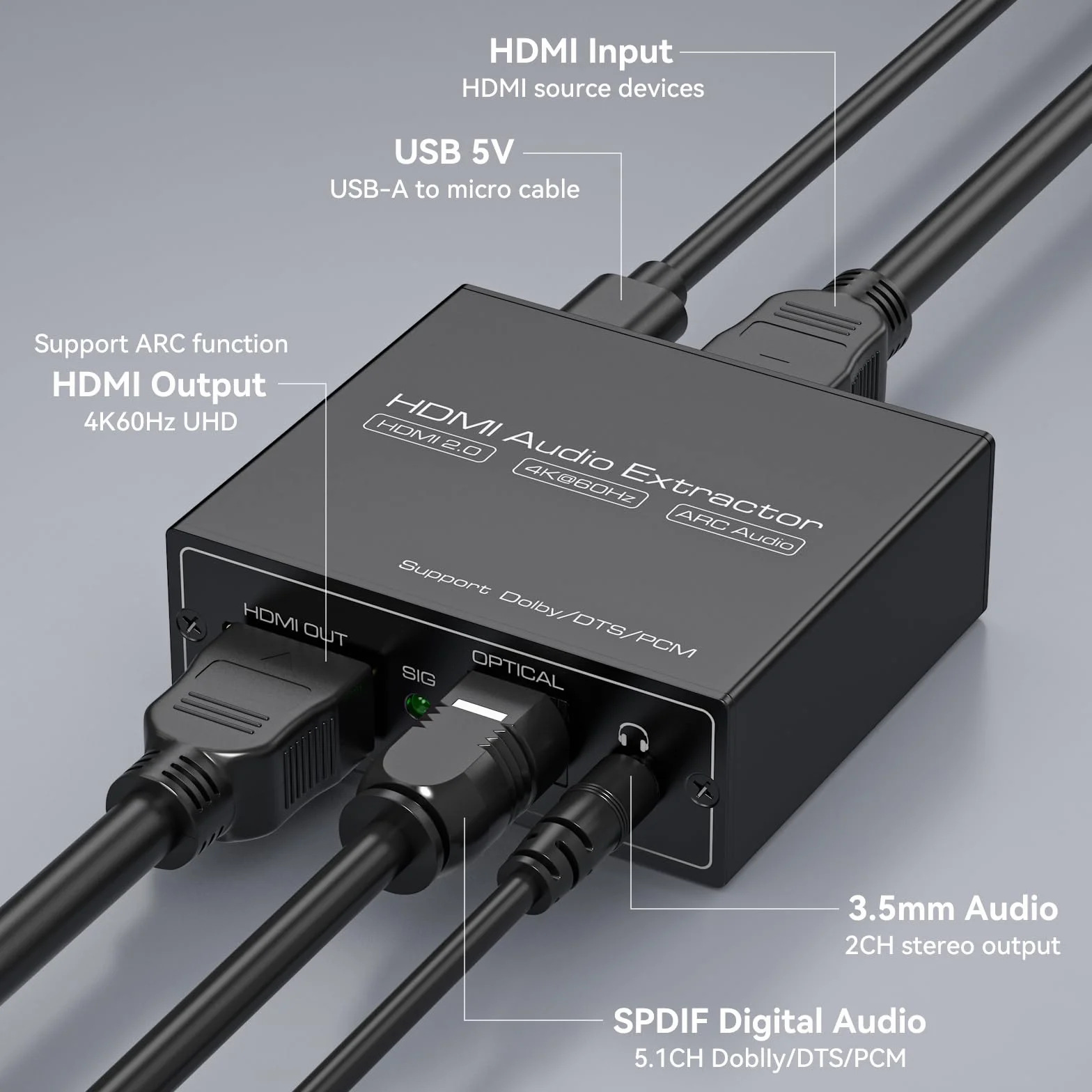 VEDINDUST HDMI ARC Audio Extractor Splitter Adapter 4K@60Hz HDMI Fiber Optic Adapter to 3.5mm Converter Splitter SPDIF TOSLINK Fiber Optic and 3.5mm Stereo Audio, Supporting LPCM 7.1/DTS/DSD