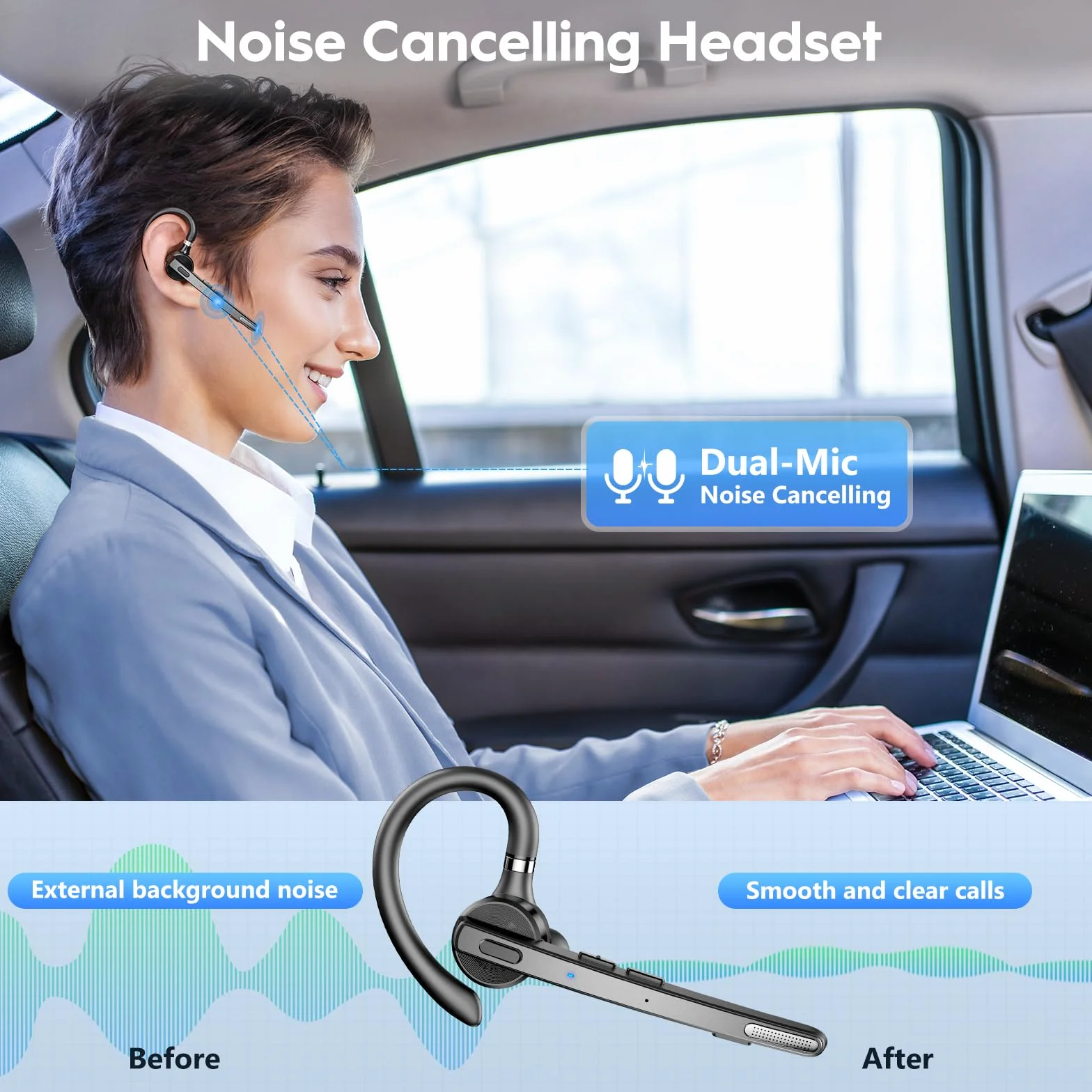 New Bee Oreillette Bluetooth sans Fil, V5.1 Kit Main Libre Bluetooth avec Dual Mic Oreillette Bluetooth 72Hs de Temps de Lecture CVC8.0 Casques Bluetooth Mono Écouteur pour Affaires/Bureau (1 pièce)