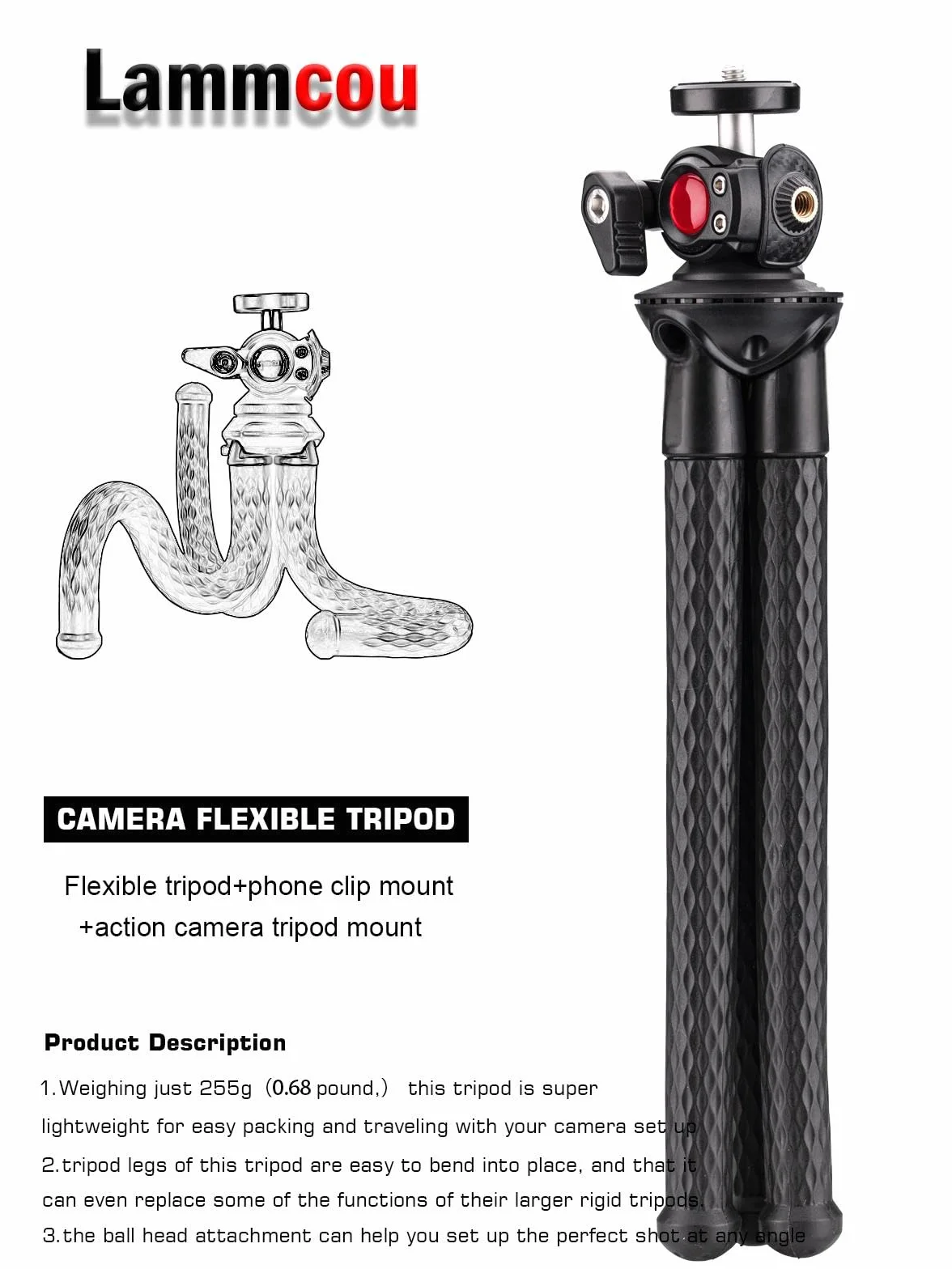 Lammcou Trépied Smartphone Flexible Mini Trepied Appareil Photo Go Pro Gorilla Octopus Trepieds Reflex Portable Voyage pour Vlogging Caméra DSLR Mini Tripod