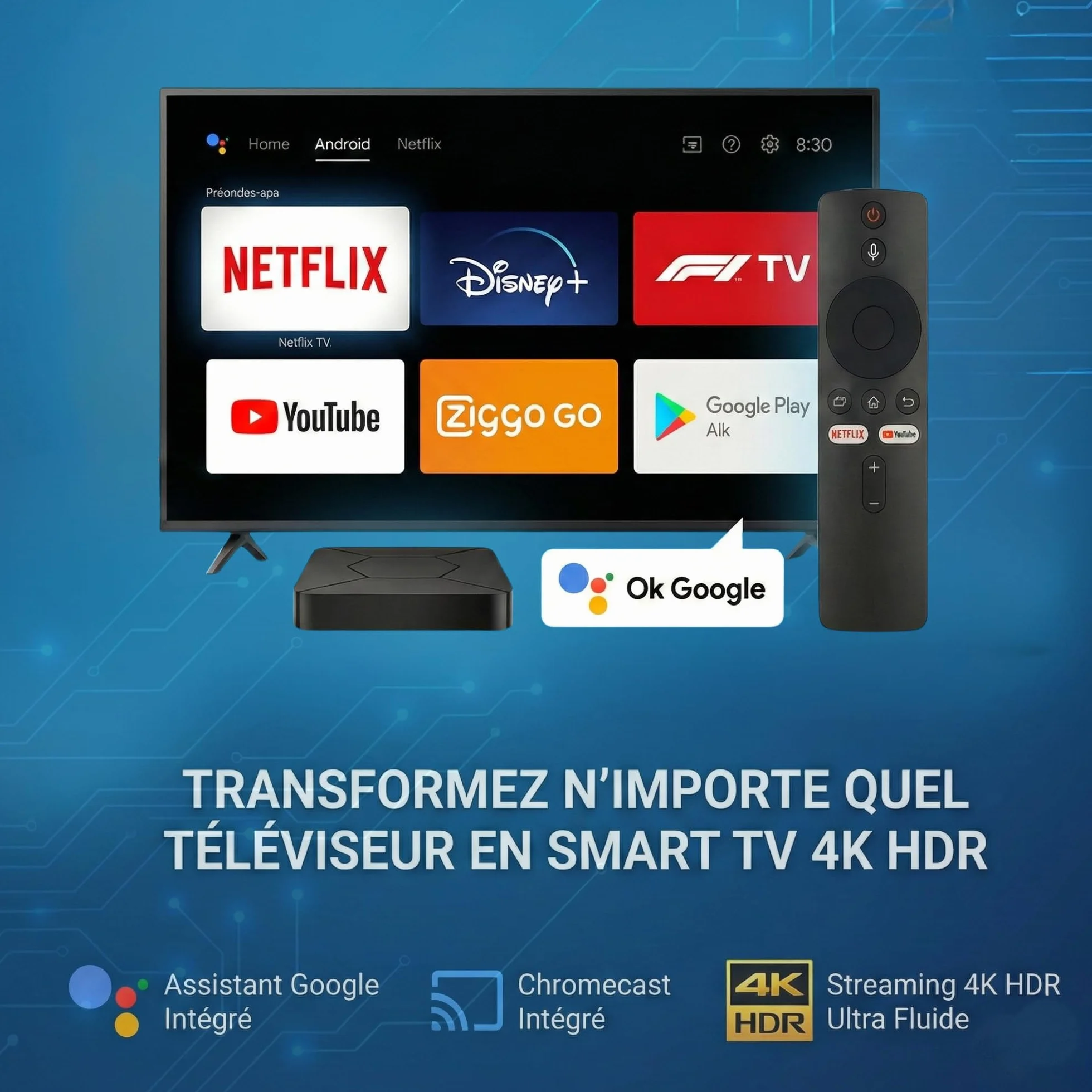 Android TV Box 4K with Chromecast, Smart TV Box Streaming Device, WiFi & Bluetooth, Google Assistant, Netflix Support, Multimedia Player, IPTV Ready, Home Entertainment Solution
