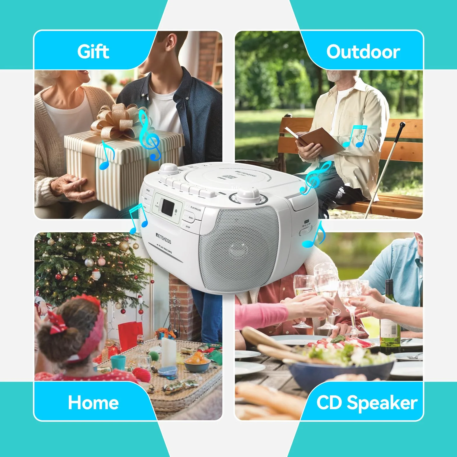 Retekess TR621 Poste Radio CD Lecteur Cassette Audio Boombox Stereo Enregistrement Télécommande USB TF Casque Radio Portable Blanc