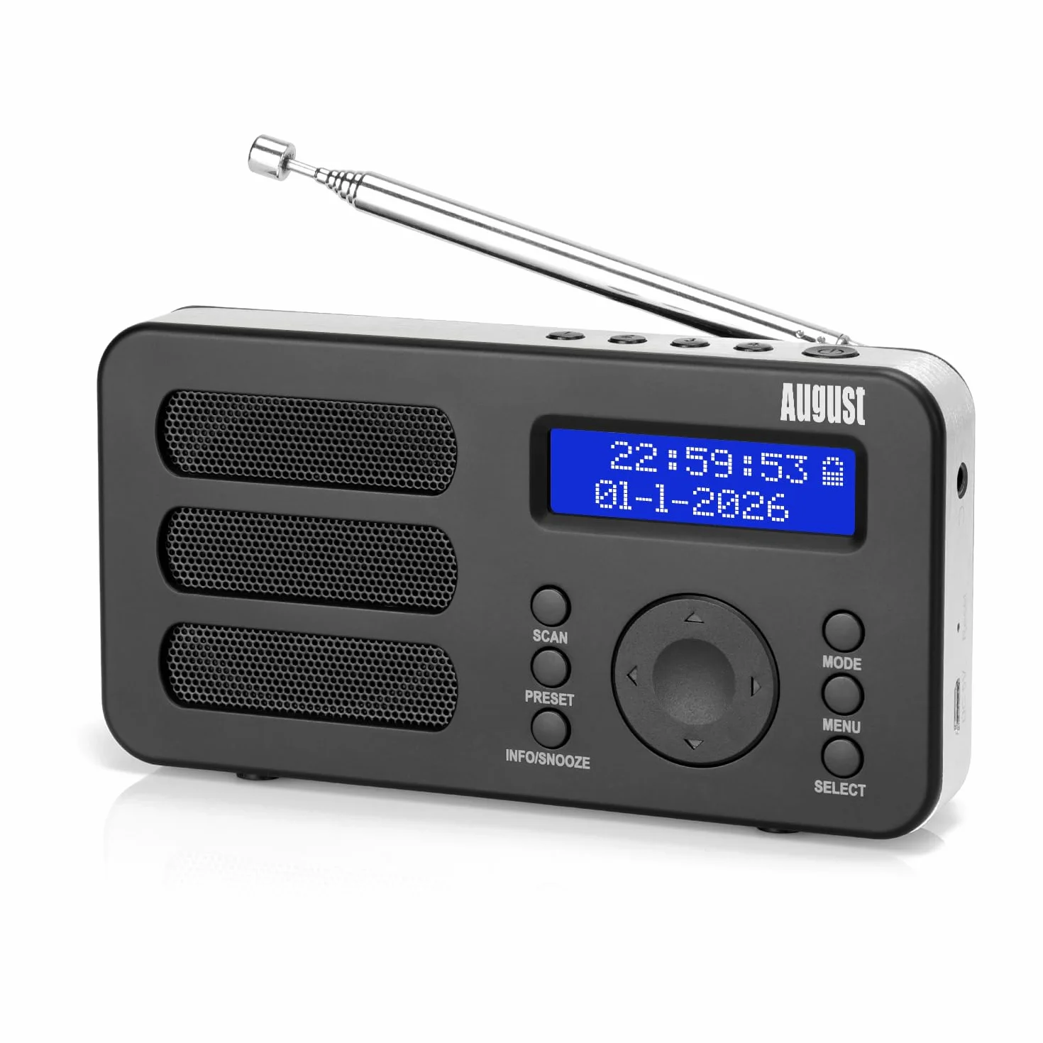 August MB225 - Radio Portable Rechargeable FM Dab RNT - Petite Radio Numérique Stéréo Portative Digitale avec Batterie Alarme Poste 40 Présélections et Prise écouteurs (Noir)