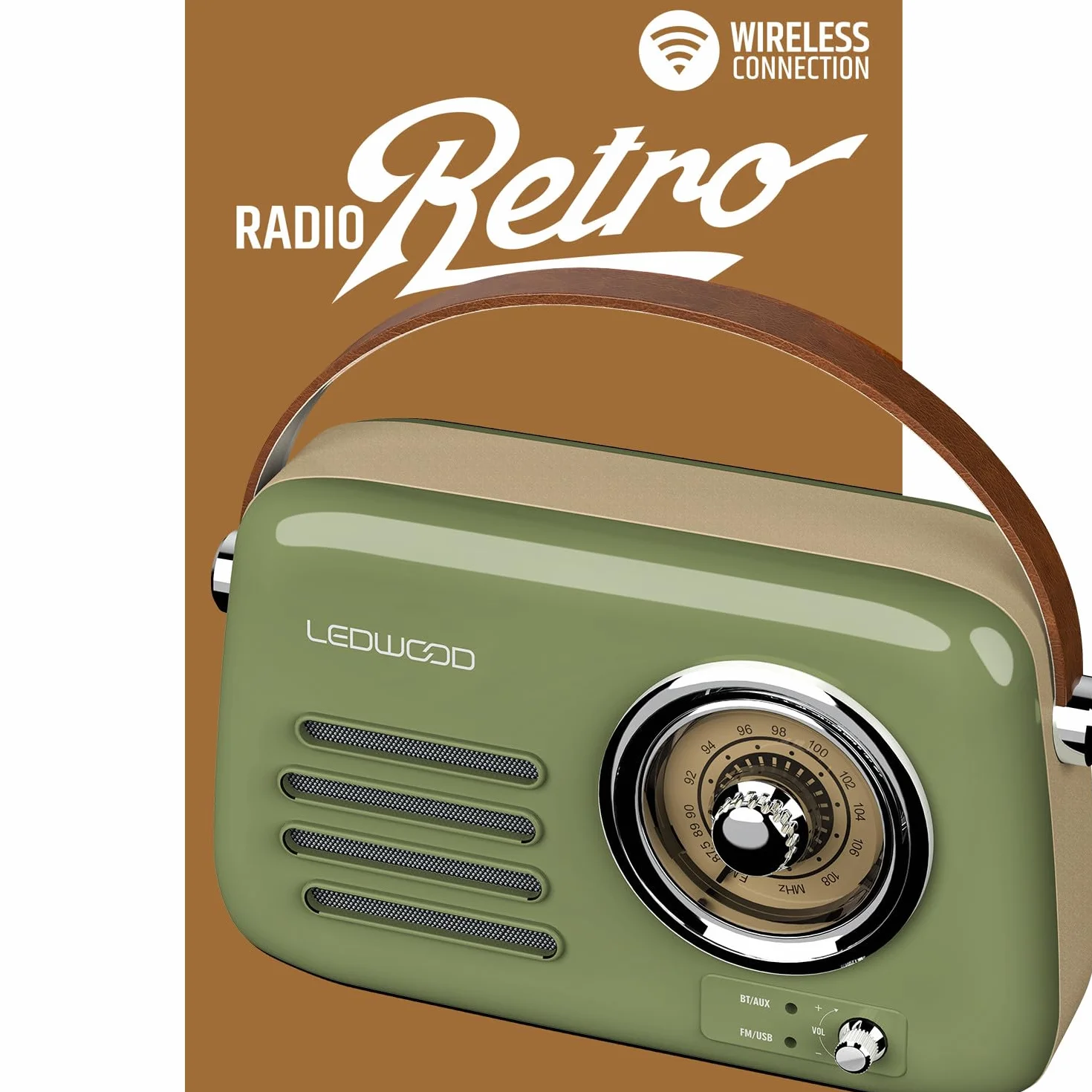 Radio Rétro Portable Ledwood Alma, FM, Bluetooth Entrée USB, Puissance 30W - Batterie 3,7V-1500mAh - Retro Vintage - Vert Olive