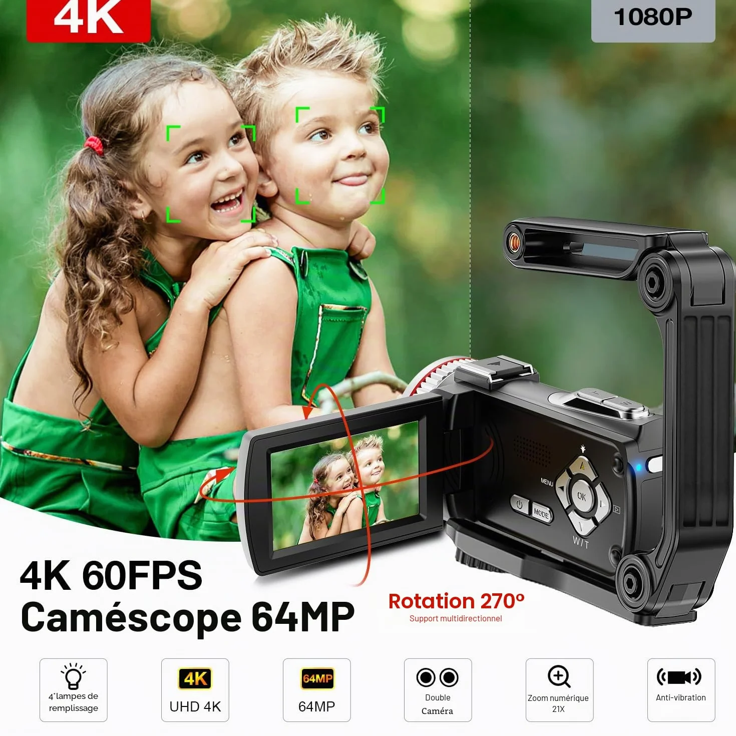 Caméra Vidéo 4K 64MP Caméscope Vlogging avec Écran Rotatif 270°, Carte 64 Go, Microphone, Stabilisateur, Télécommande, 2 Piles