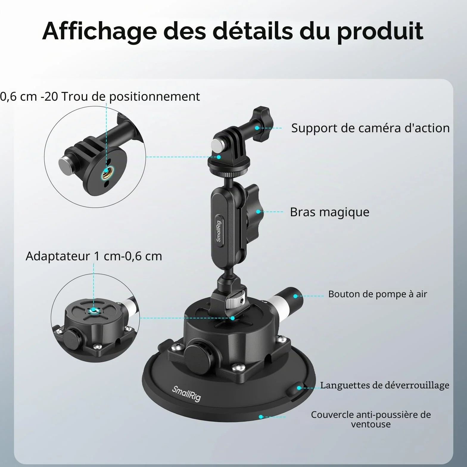 SMALLRIG Support à Ventouse 4,5" avec Bras Articulé à Rotule, Compatible avec Les Caméras d'action DJI Osmo Action 6/5 Pro/4, Insta360 x5 et GoPro 13/12, Charge Maximale 1,5 kg - 5855B