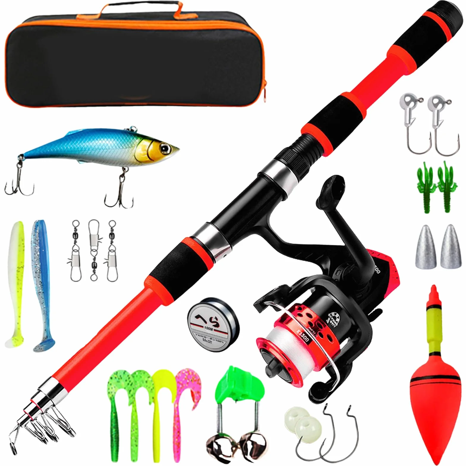 Kit de pêche pour enfants 1,8 m canne télescopique avec moulinet et appât 3-10 ans