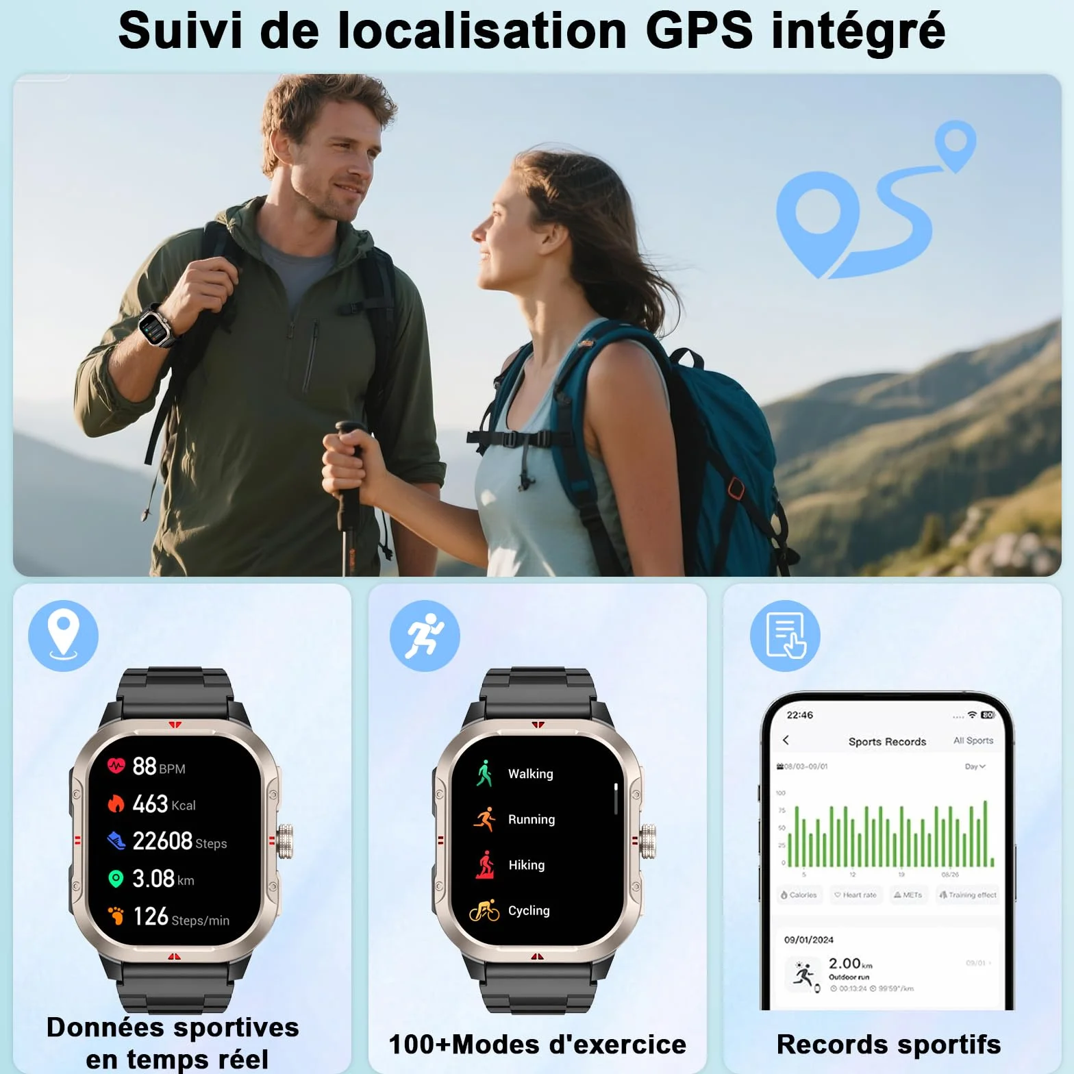Smartwatch Homme Femme avec GPS Intégré, Appel Bluetooth, 110+ Sportifs, IP68, 2.06" HD pour Android iOS