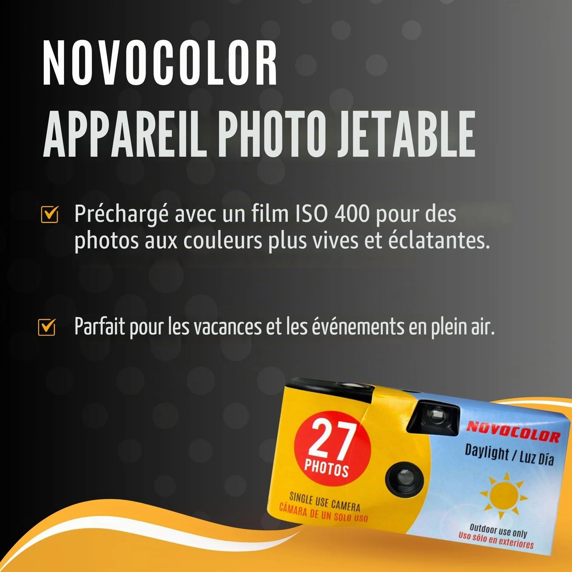 Lot de 10 appareils photo jetables avec appareil photo Novocolor lumière du jour à usage unique 27 poses et carte de conseils pour photographie Clikoze