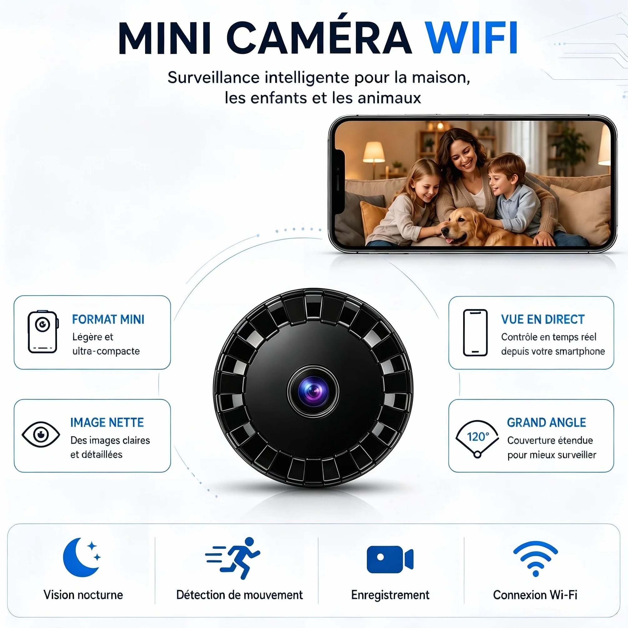 2026 Caméras Espion Mini Camera sans Fil de Surveillance, HD 1080P WiFi Caméra de sécurité avec Vision nocturnepour bébé intérieur/extérieur, Animal de Compagnie, Compatible L/X1 (Black, Tiny 2 PCS)
