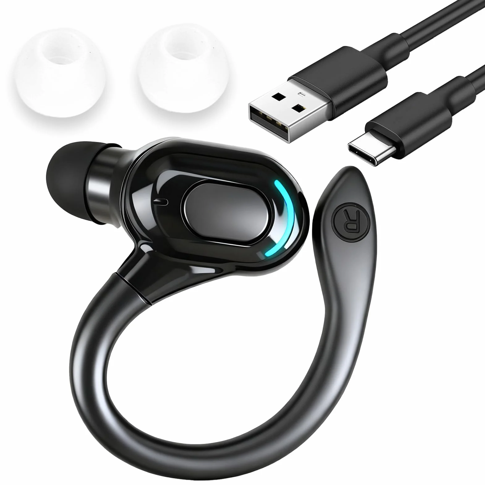 Oreillette Bluetooth sans Fil V5.2, Écouteur Mono Tour d'oreille 360° avec Micro Intégré, Main Libre Bluetooth 20h de Lecture pour iPhone Android PC Bureau Conduite Affaires Sport