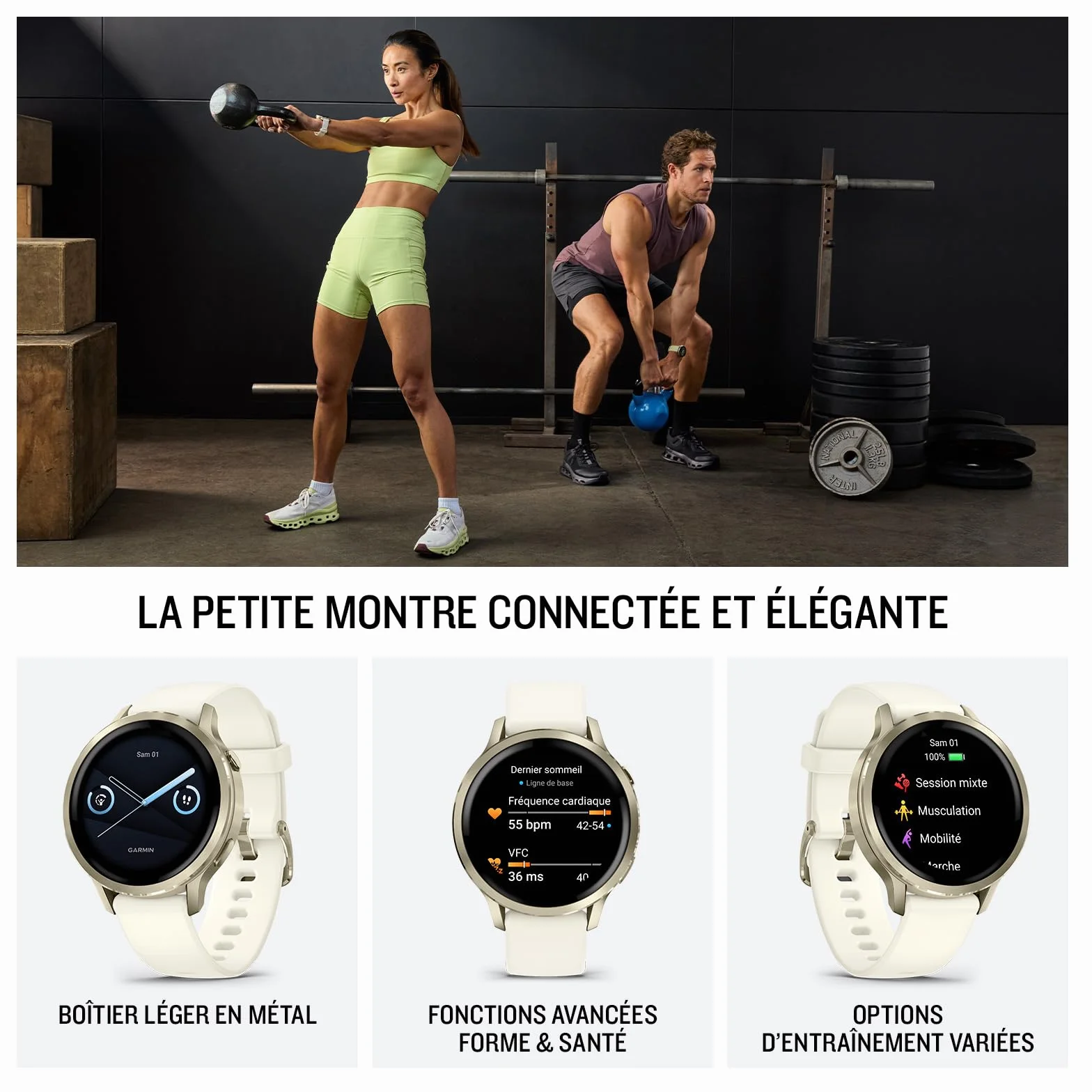 Garmin Venu 4 Montre GPS connectée forme et santé écran Ultra-Lumineux Lampe LED intégrée Beige Lunar Gold Bracelet Ivoire 41mm