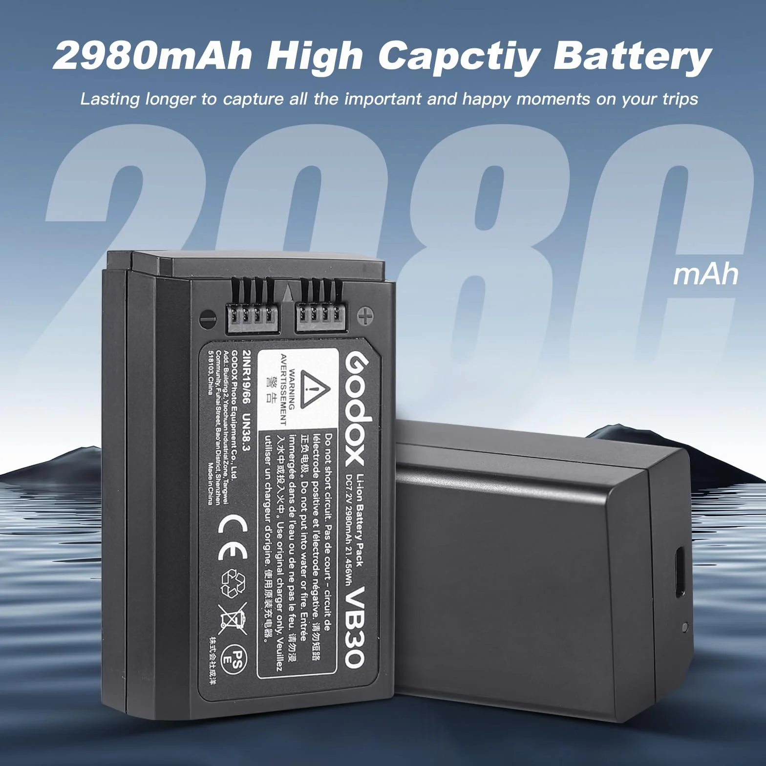 Godox VB30 Batterie Battery 7,2V/2980mAh pour Flash Rond Godox V1PRO C,V1PRO N,V1PRO S,V1PRO F,V1PRO O,et Flash V1,V860III,V850III ((2024) VB30)