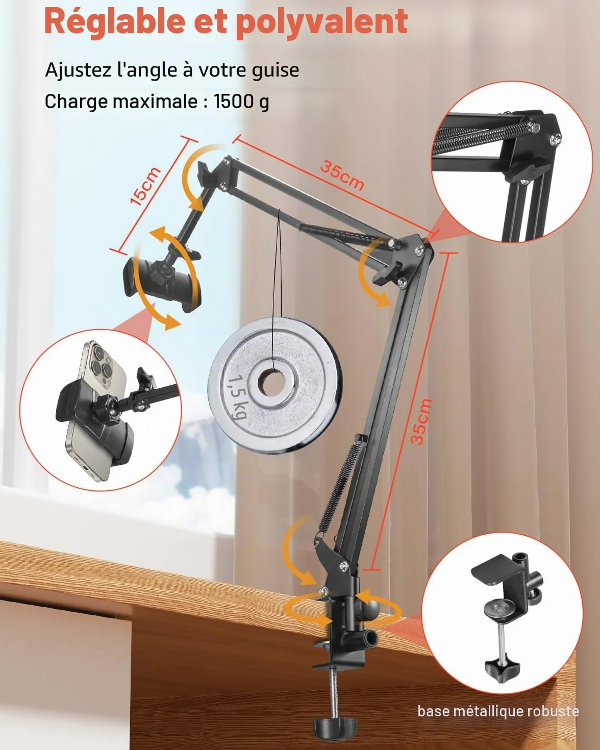 Support de téléphone portable pour lit Bras long flexible pour iPhone 15, 14, Pro Max, SE, 13, 12, 11, X, XS, 8, 7, Galaxy S23, S22, et smartphones de 4 à 7