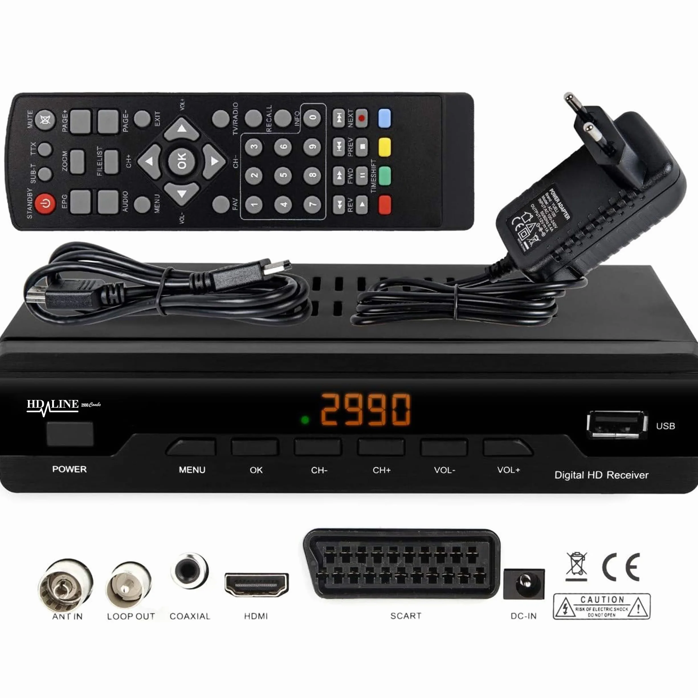 hd-line Récepteur de câble récepteur pour télévision numérique par câble 2990 Combo DVB-C (HDTV, DVB-C/C2, DVB-T/T2, HDMI, Péritel, USB 2.0, Wi-FI en Option) + câble HDMI Noir
