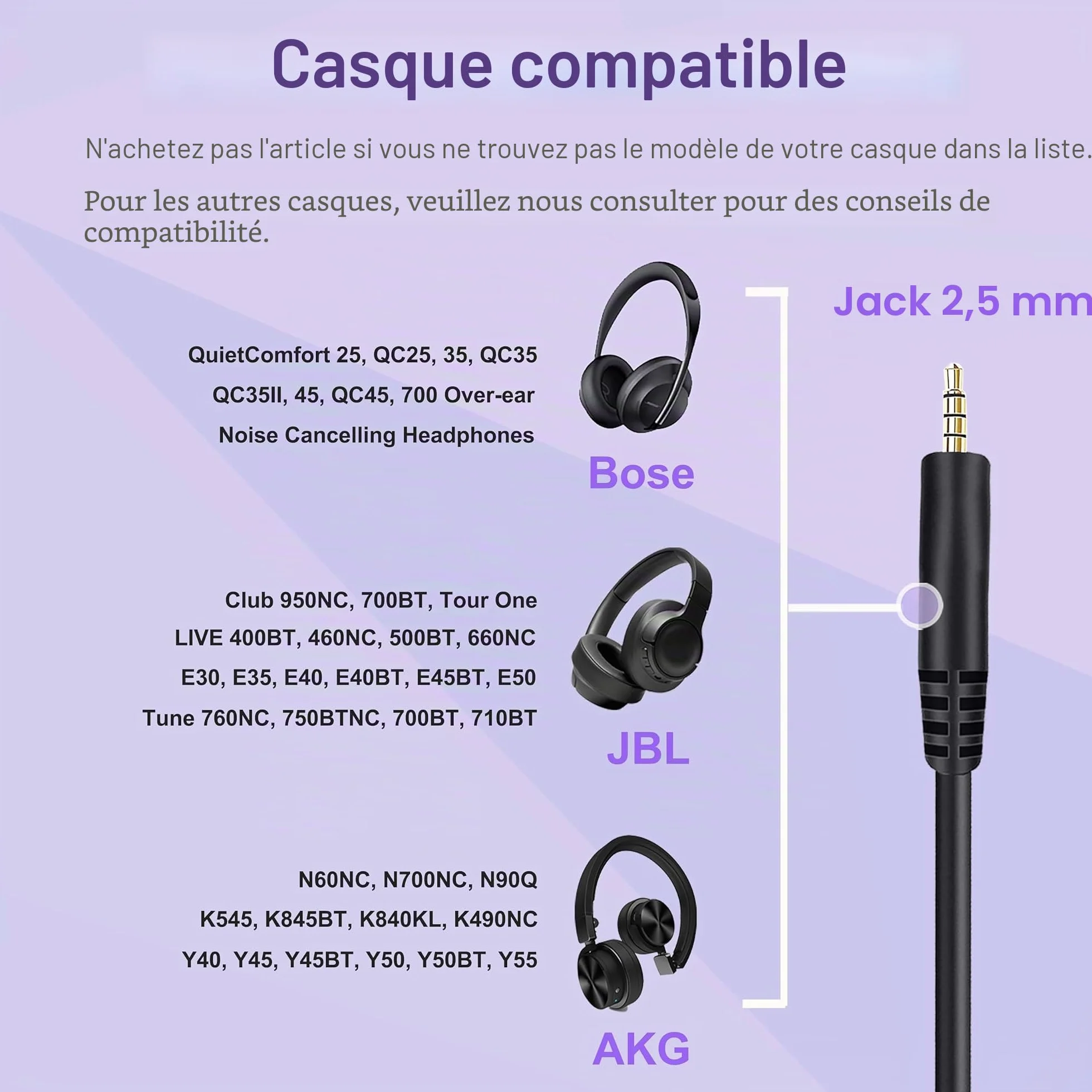 Câble Audio de Remplacement pour Casque Bose Jack 3,5 mm à 2,5 mm Compatible Bose 700 Quietcomfort QC25 QC35 QC35II QC45 JBL Tune 760NC 750BTNC LIVE 660NC avec Micro et Contrôle du Volume