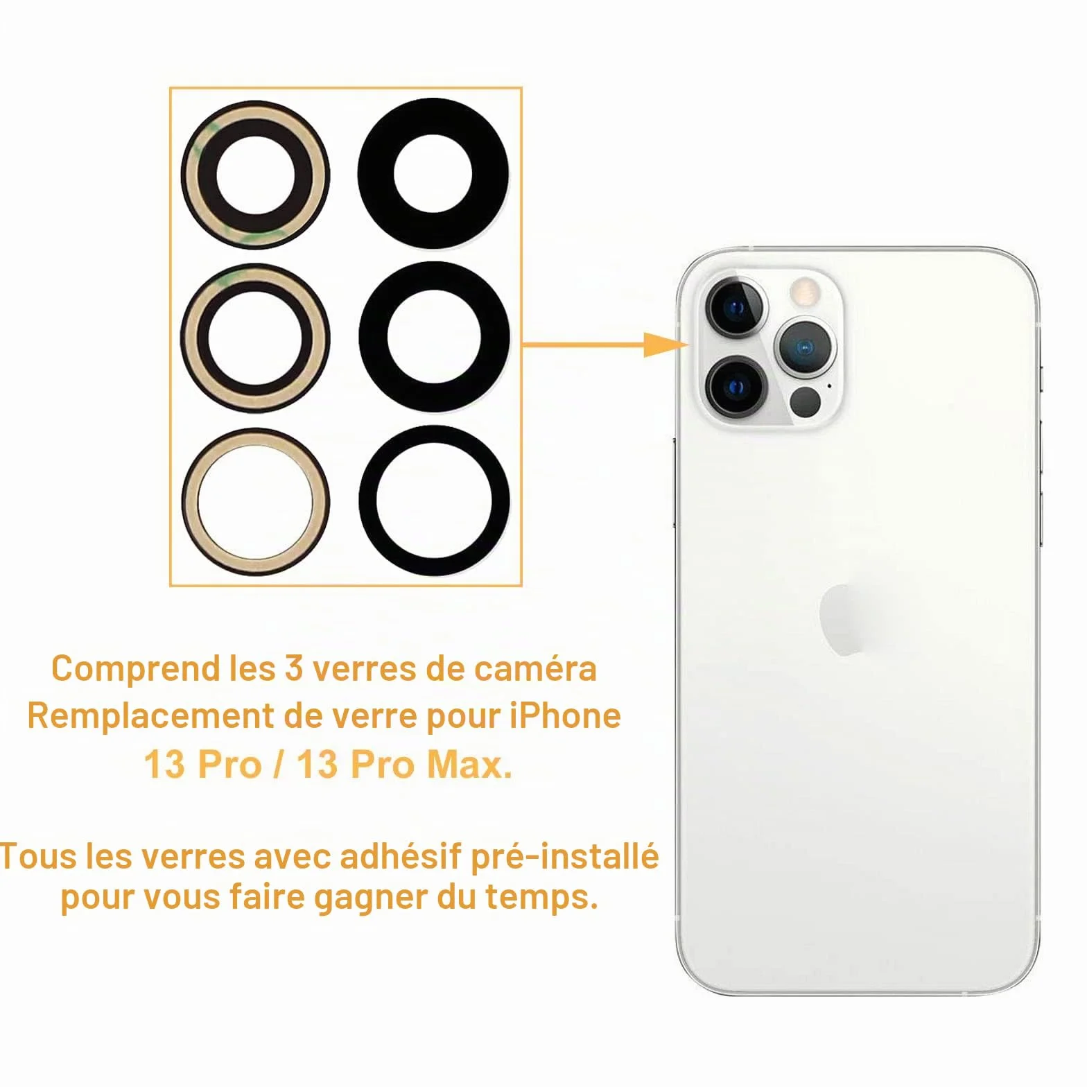 Lentille de rechange d'origine pour caméra arrière iPhone 13 Pro et iPhone 13 Pro Max avec adhésif pré-installé et kit d'outils de réparation