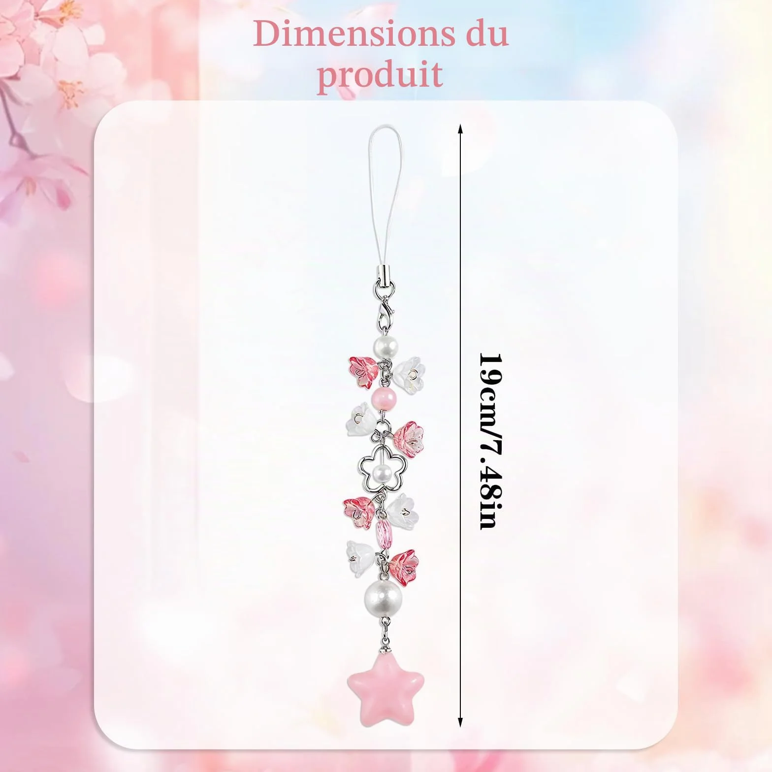Mabor Pendentif téléphone portable rose fleurs étoiles Y2K dragonne porte-clés