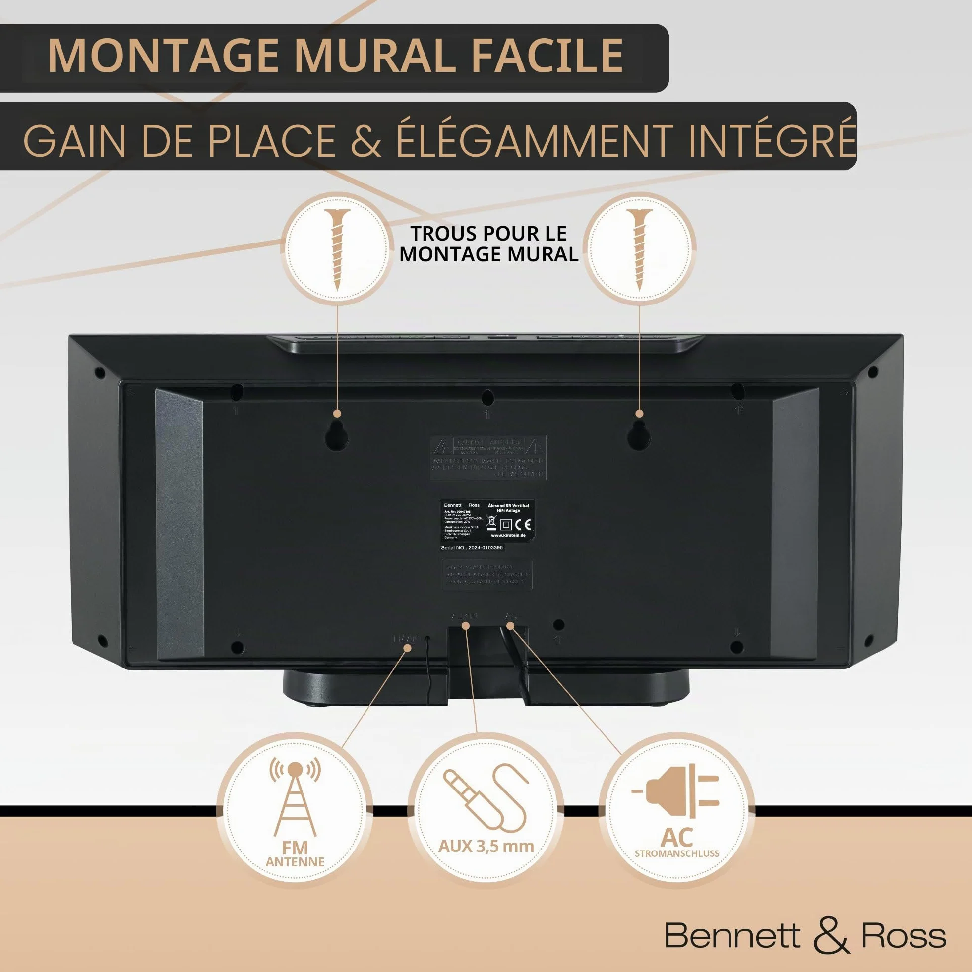 Bennett & Ross Ålesund Microchaîne hi-fi avec lecteur CD, MP3, UKW, USB, Bluetooth NFC - Installation murale ou sur pied - Argenté