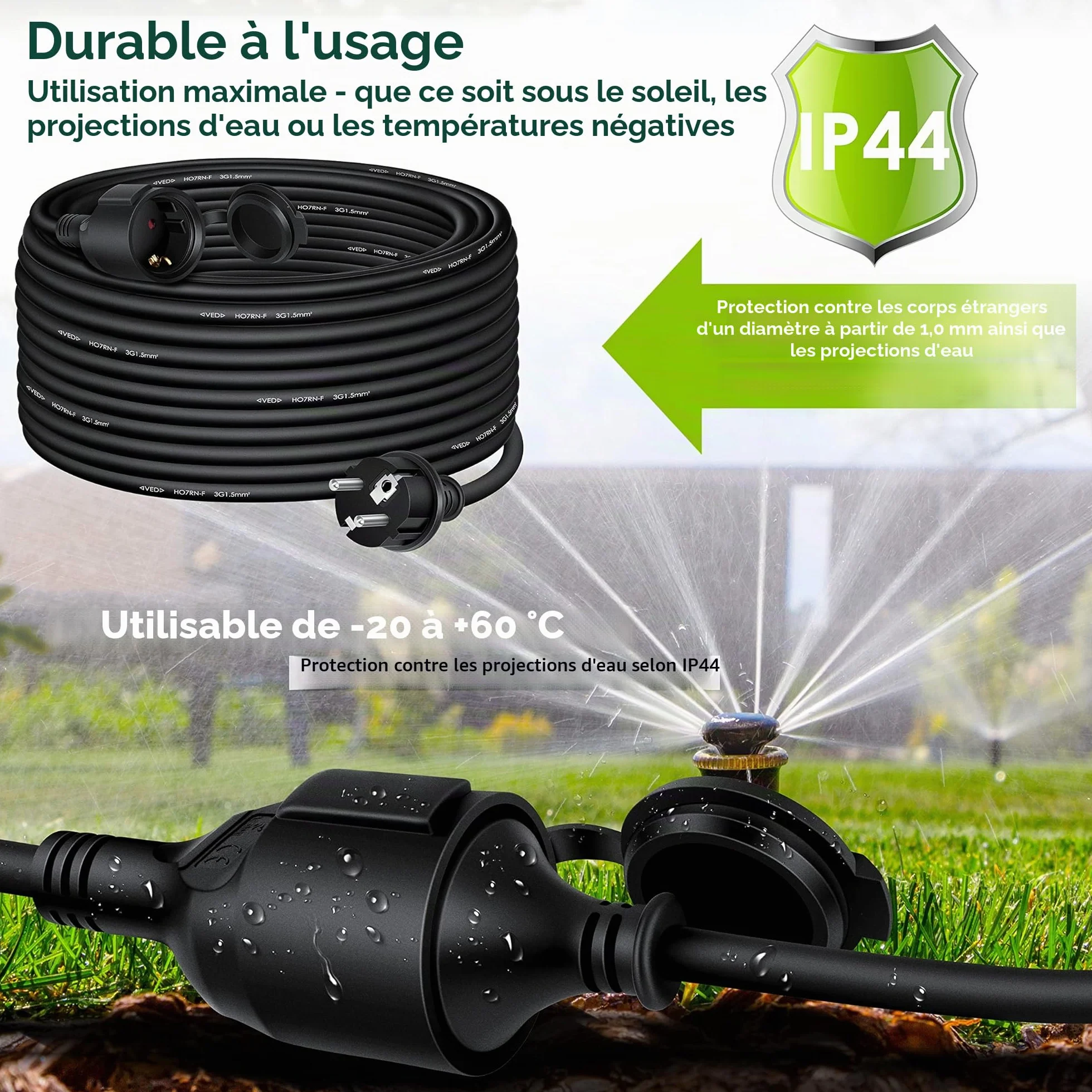 KESSER Rallonge 3 Prises 250 V IP44 40m Noir Câble électrique extérieur